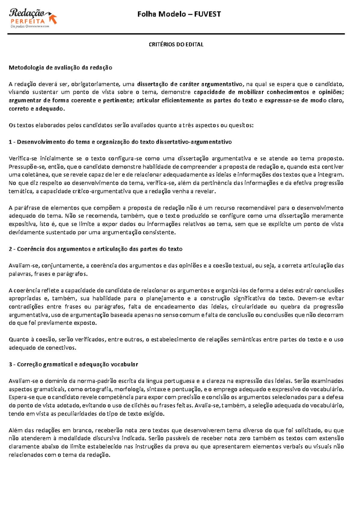 Modelo de Redação para FUVEST: Critérios e Avaliação - Studocu