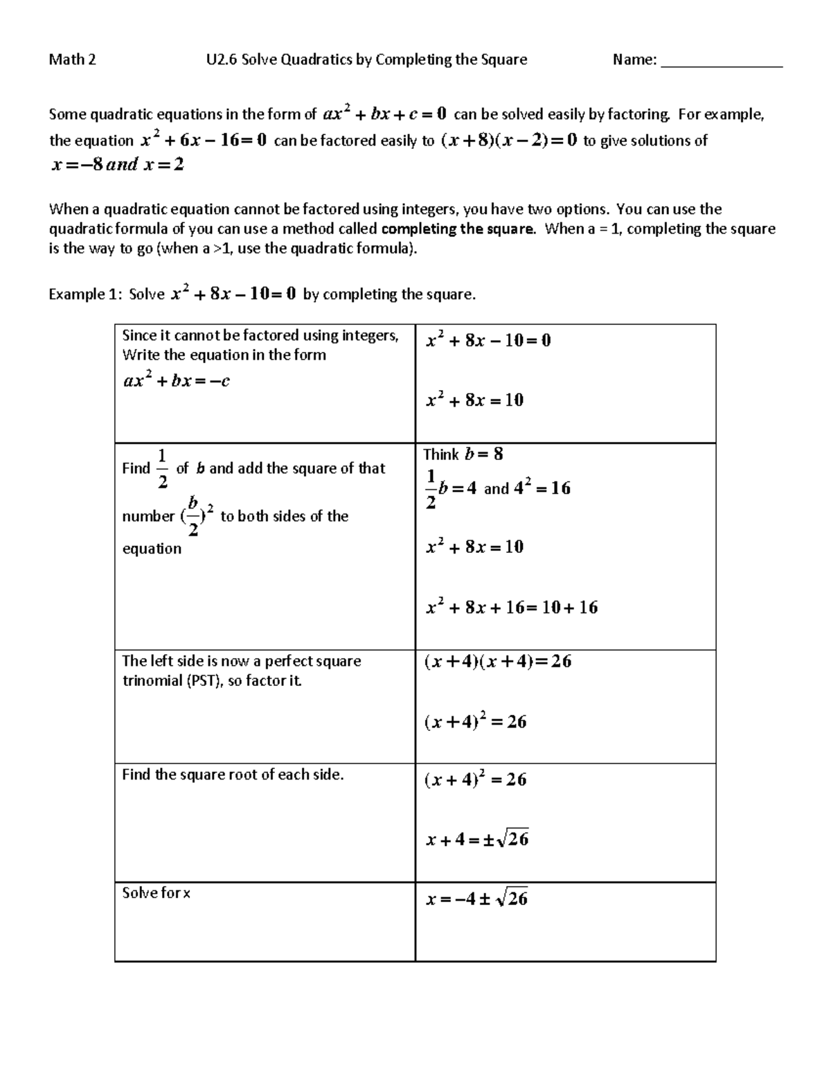 M2 U2.6 Final Exam Notes: Solving Quadratics by Completing the Square ...