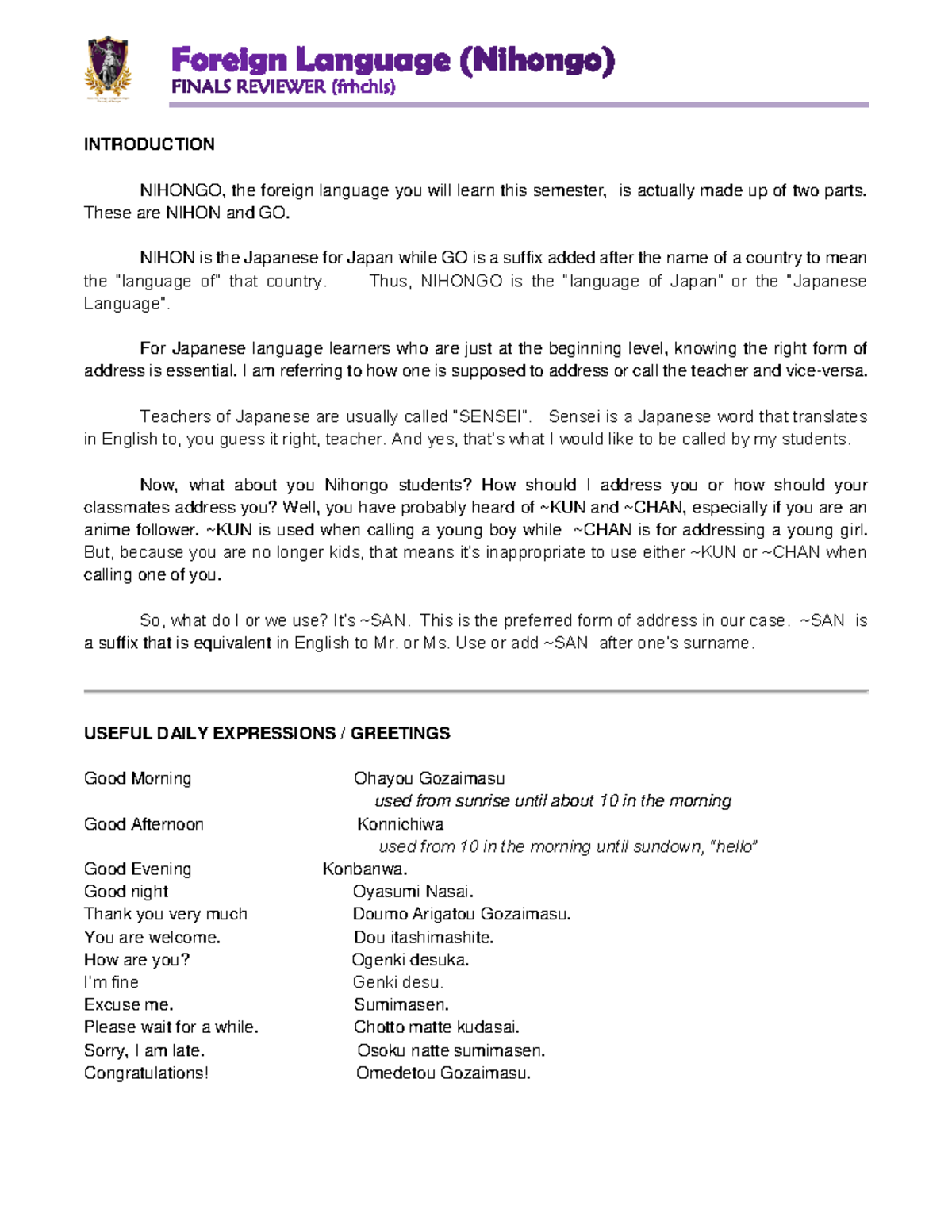 Nihongo 101: Final Review Guide for Japanese Language Learners - Studocu