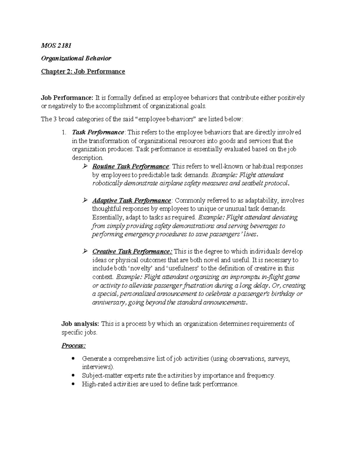 Chapter 2 - Job Performance Notes for MOS 2181: Key Concepts and ...