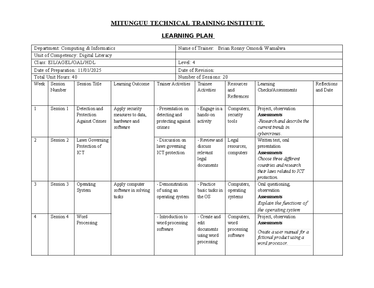 Digital Literacy Learning Plan (EIL/AGEL/OAL/HDL Level 4) - Studocu