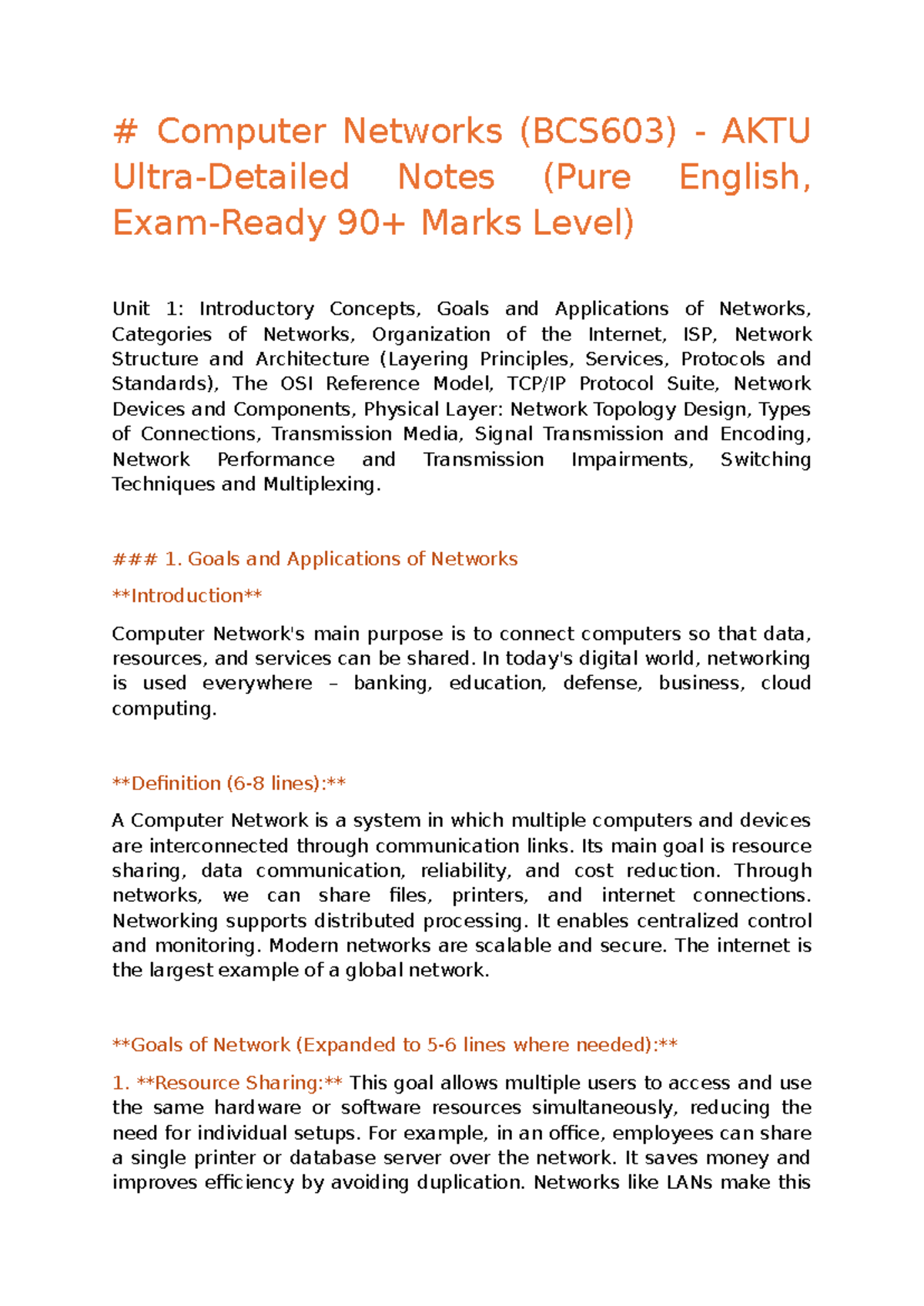 Computer Networks (BCS603) AKTU Final Exam Notes: Unit 1 Overview and ...