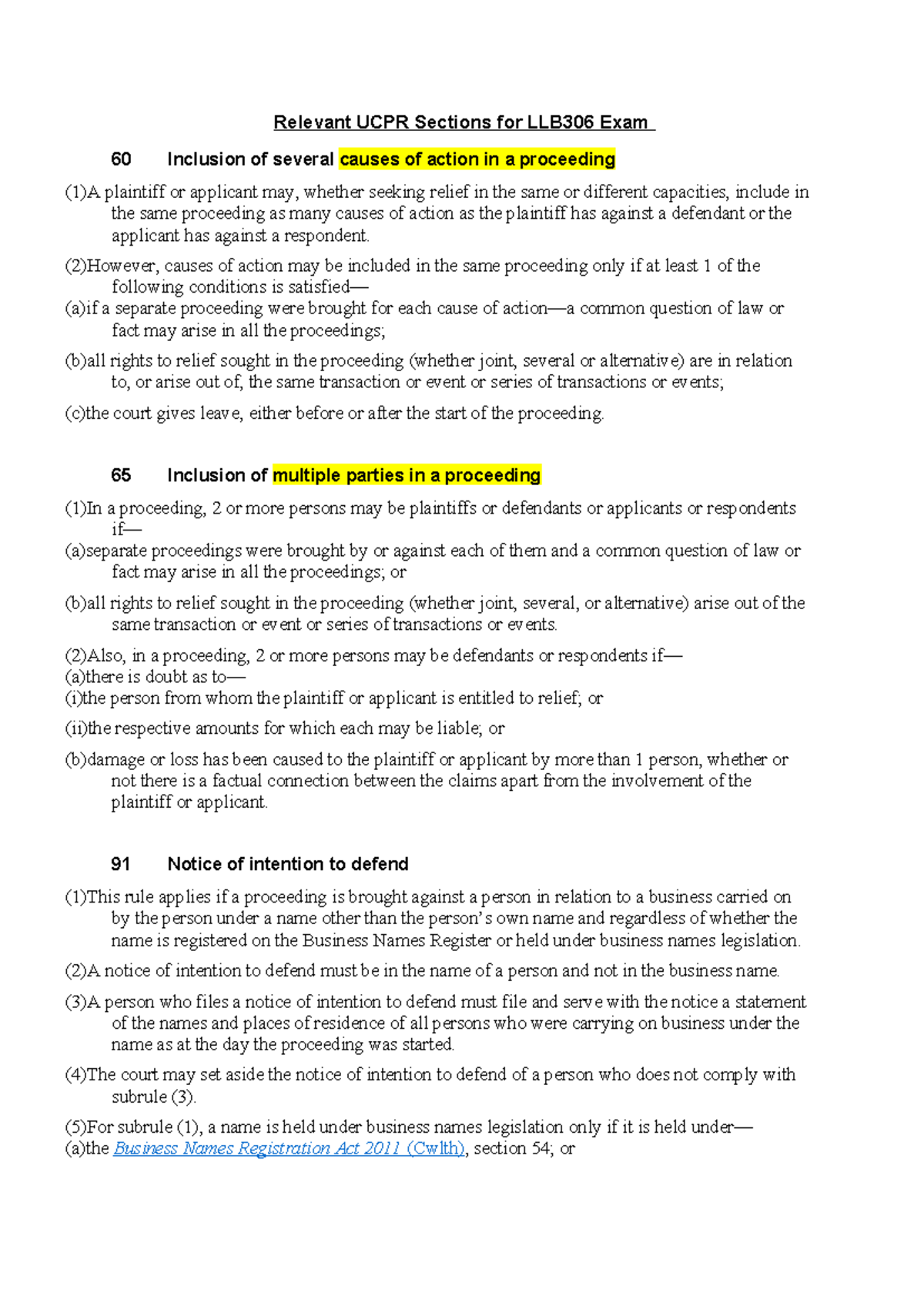 Relevant UCPR Sections for LLB306 Exam - (2)However, causes of action ...