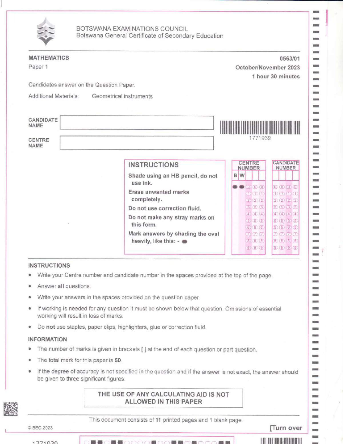 BEC 2023 Mathematics Paper 1 Exam Questions and Instructions - Studocu