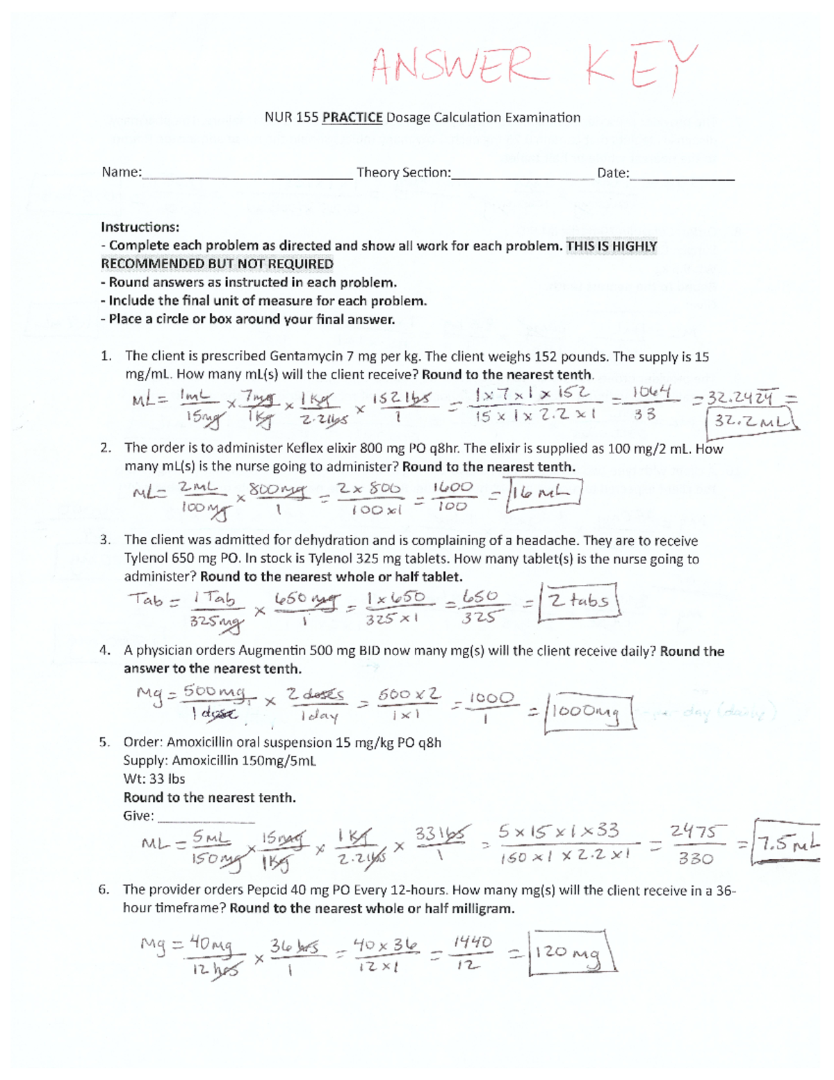 NUR 155 L Practice Dose Calculation #1 - Answer Key - Studocu