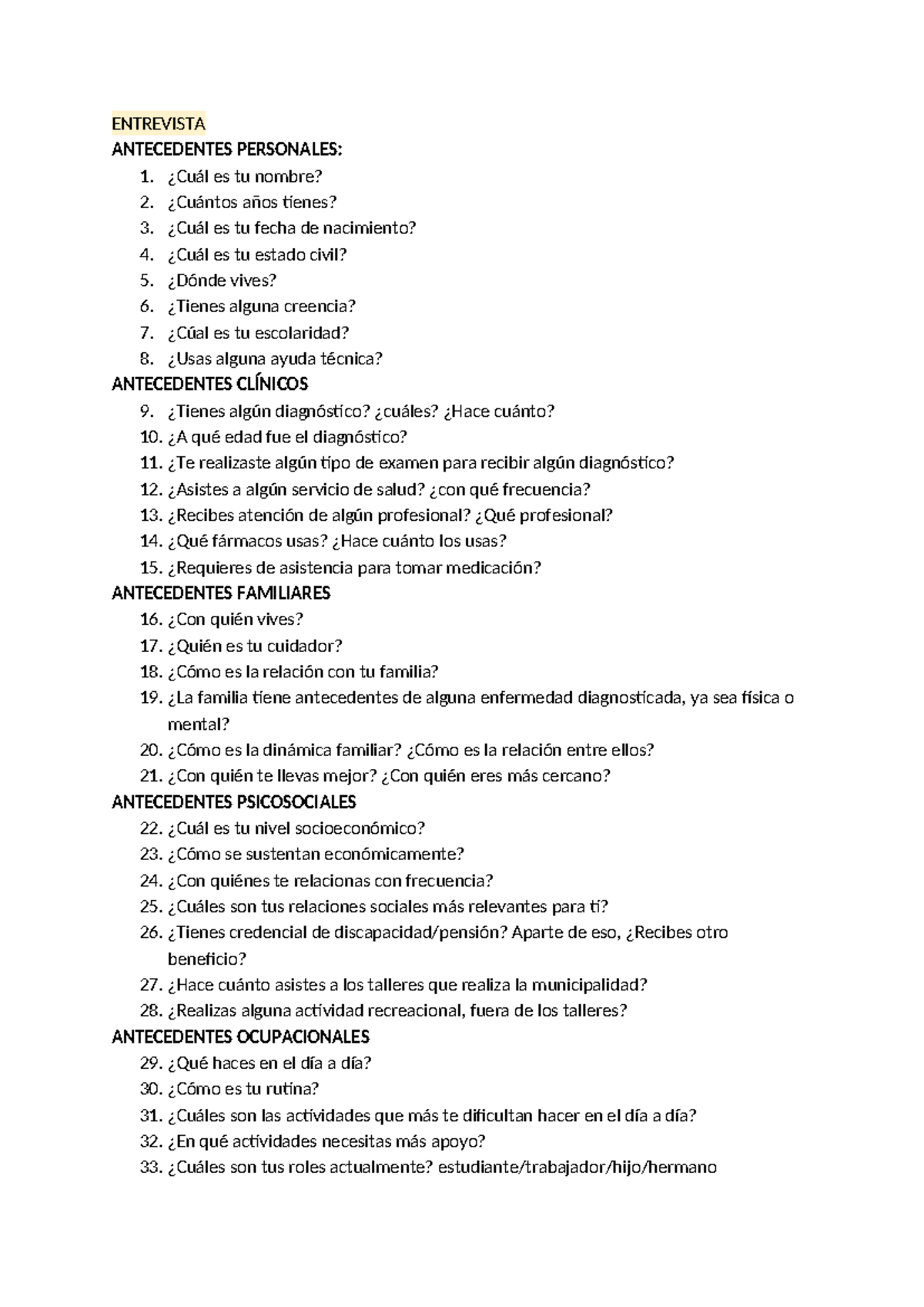 Entrevista Clínica: Antecedentes Personales y Psicosociales - Studocu