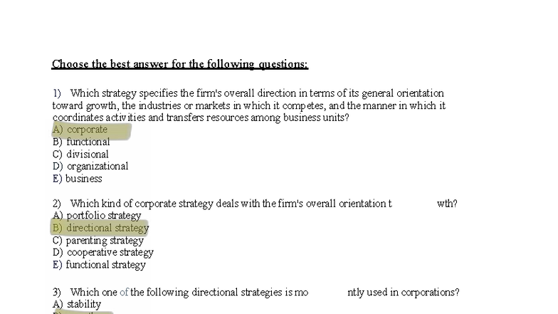 Strategic Management Quiz Questions and Answers (MNG 101) - Studocu