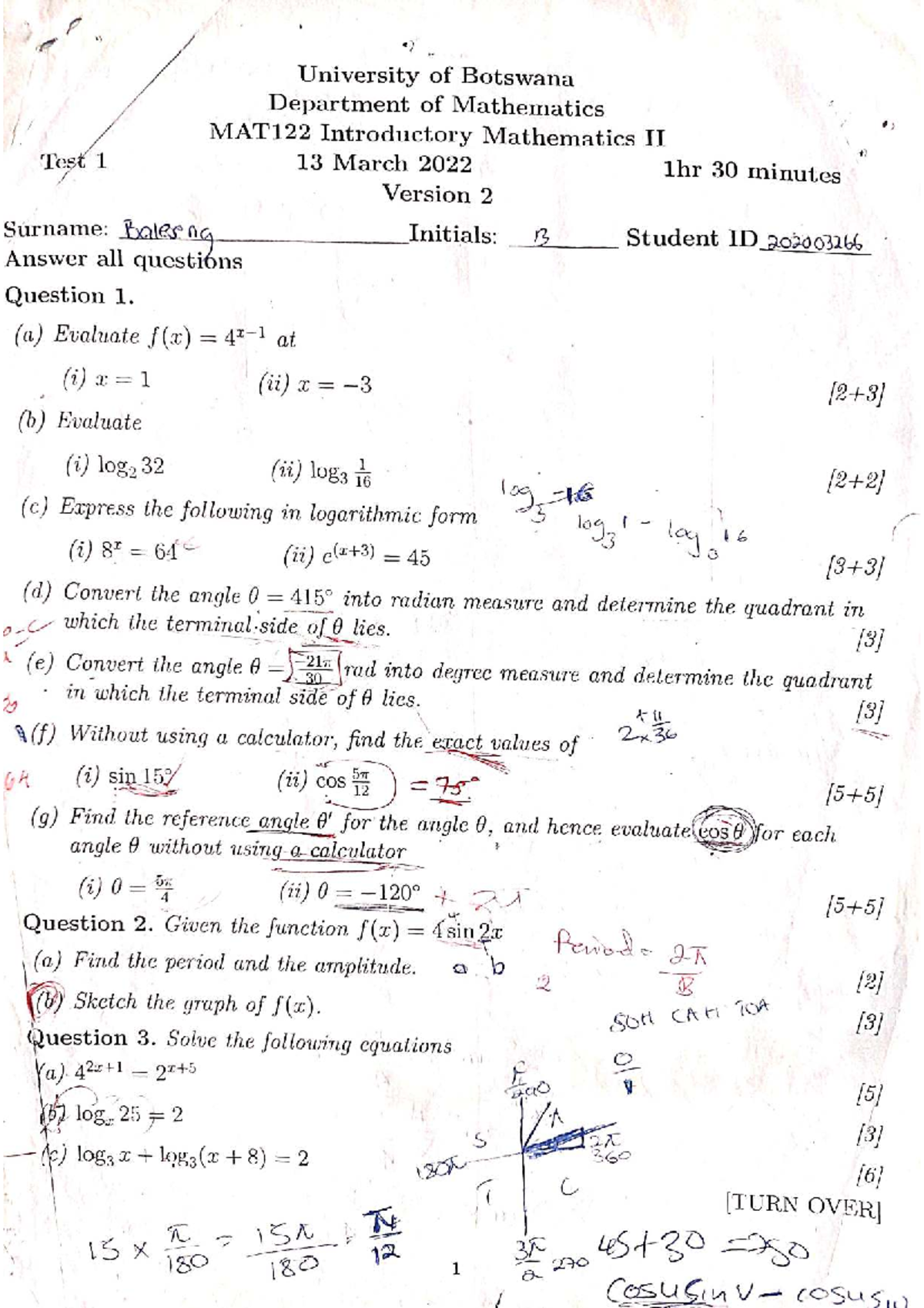 MAT122 Introductory Maths II Revision Notes: Test Review & Solutions ...