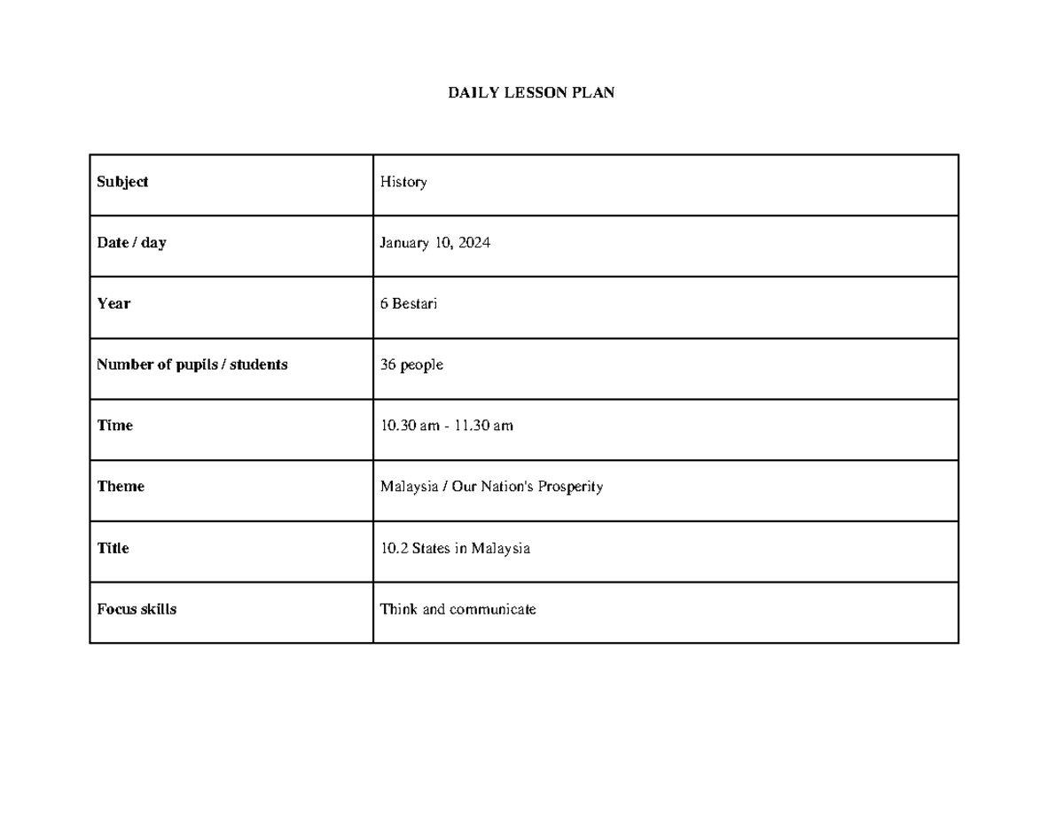 History Lesson Plan: 10.2 States in Malaysia for Year 6 Bestari - Studocu