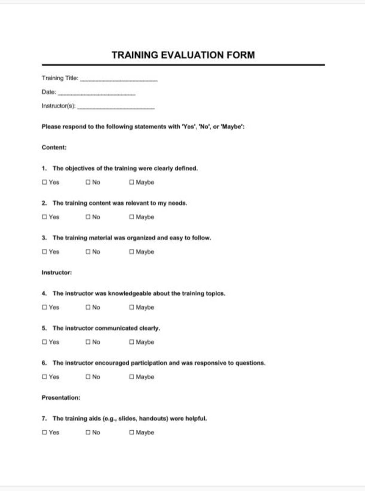 Training Evaluation Form - Training Evaluation Form Training Title 