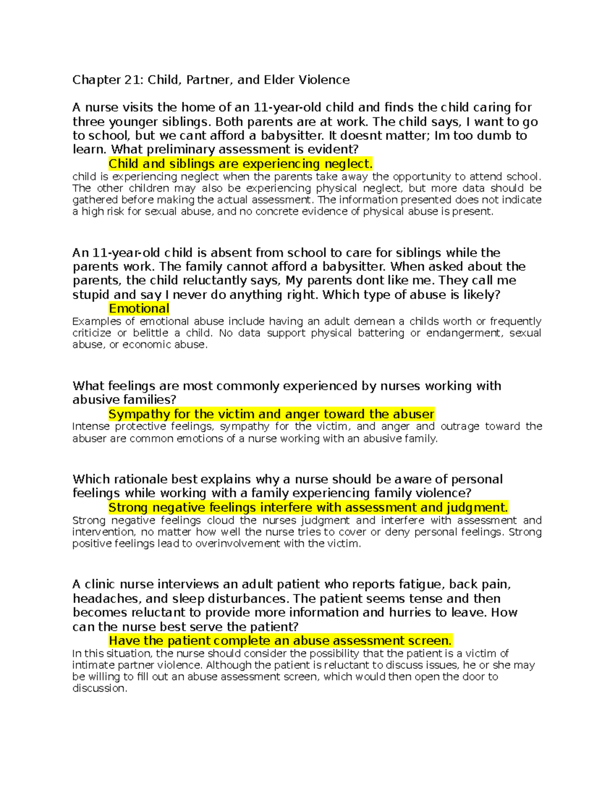 MH Chapter 21 - Practice Questions on Family Violence and Abuse - Studocu