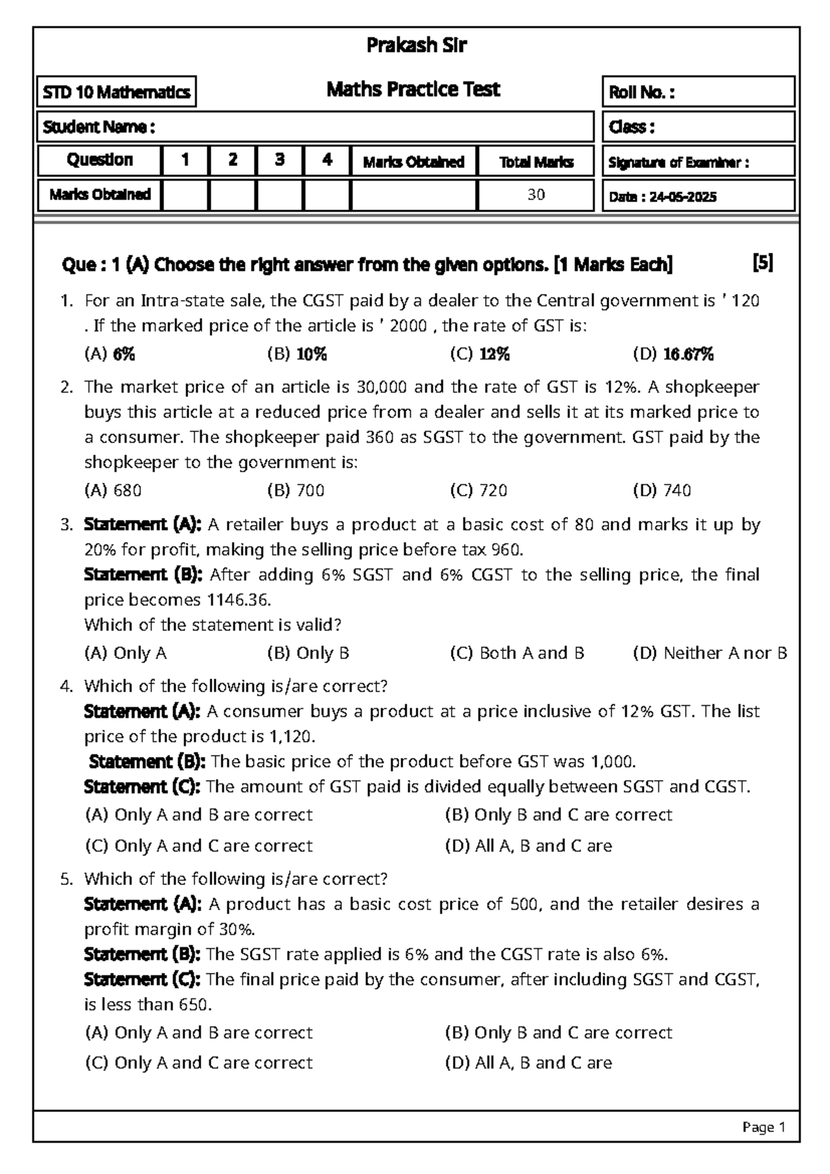 STD 10 Maths Practice Test: GST Concepts and Calculations - Studocu