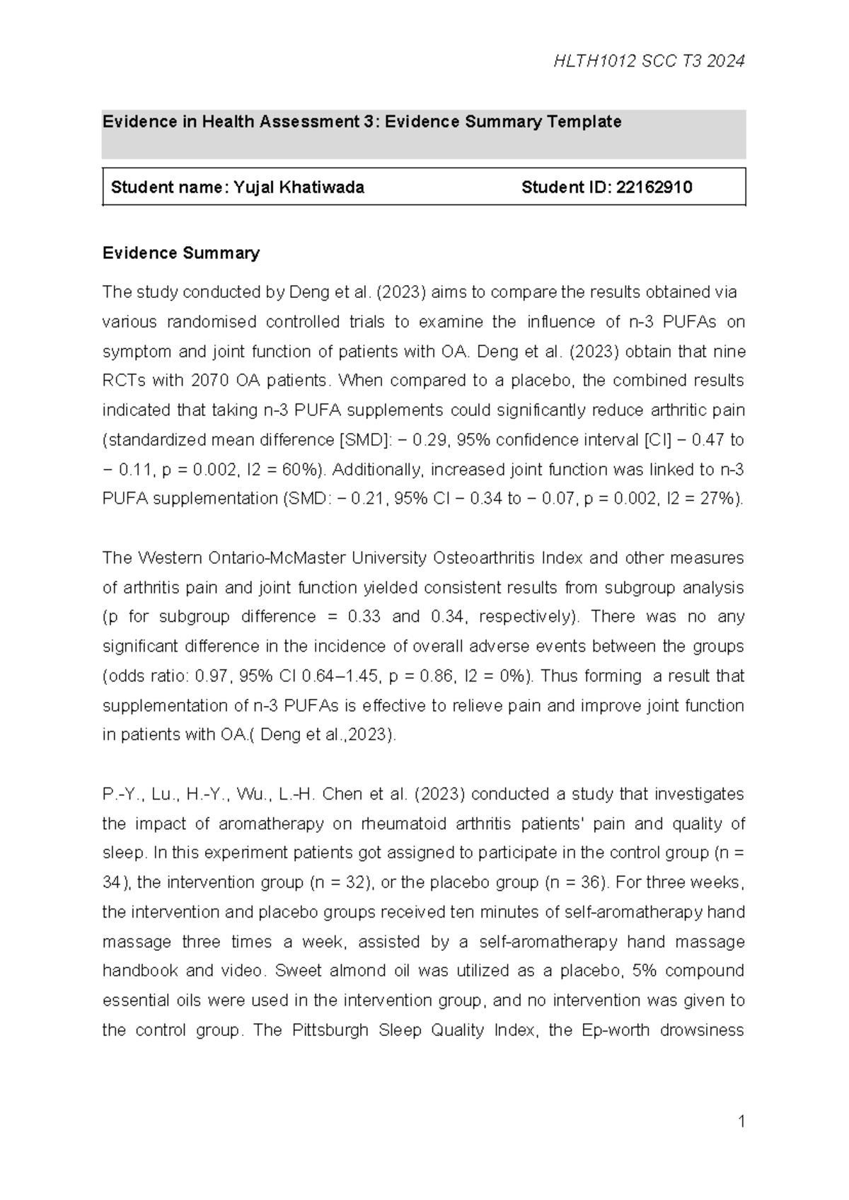 Assessment 3 Evidence Summary Template 2024 - Evidence in Health ...
