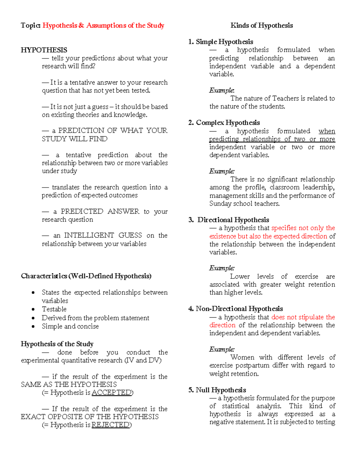Elements of Research - Hypothesis & Assumptions (Semi-Finals) - Studocu