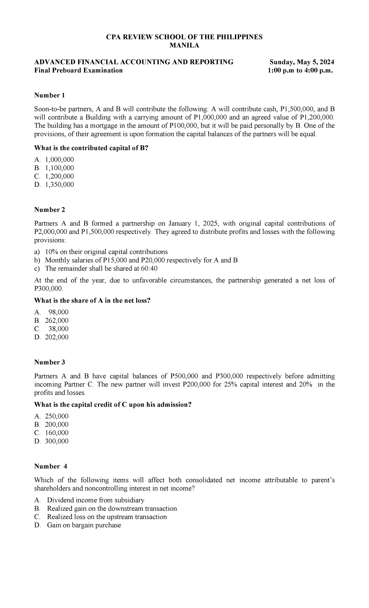 CPA 95 Final Preboard Examination Practice Questions and Solutions ...