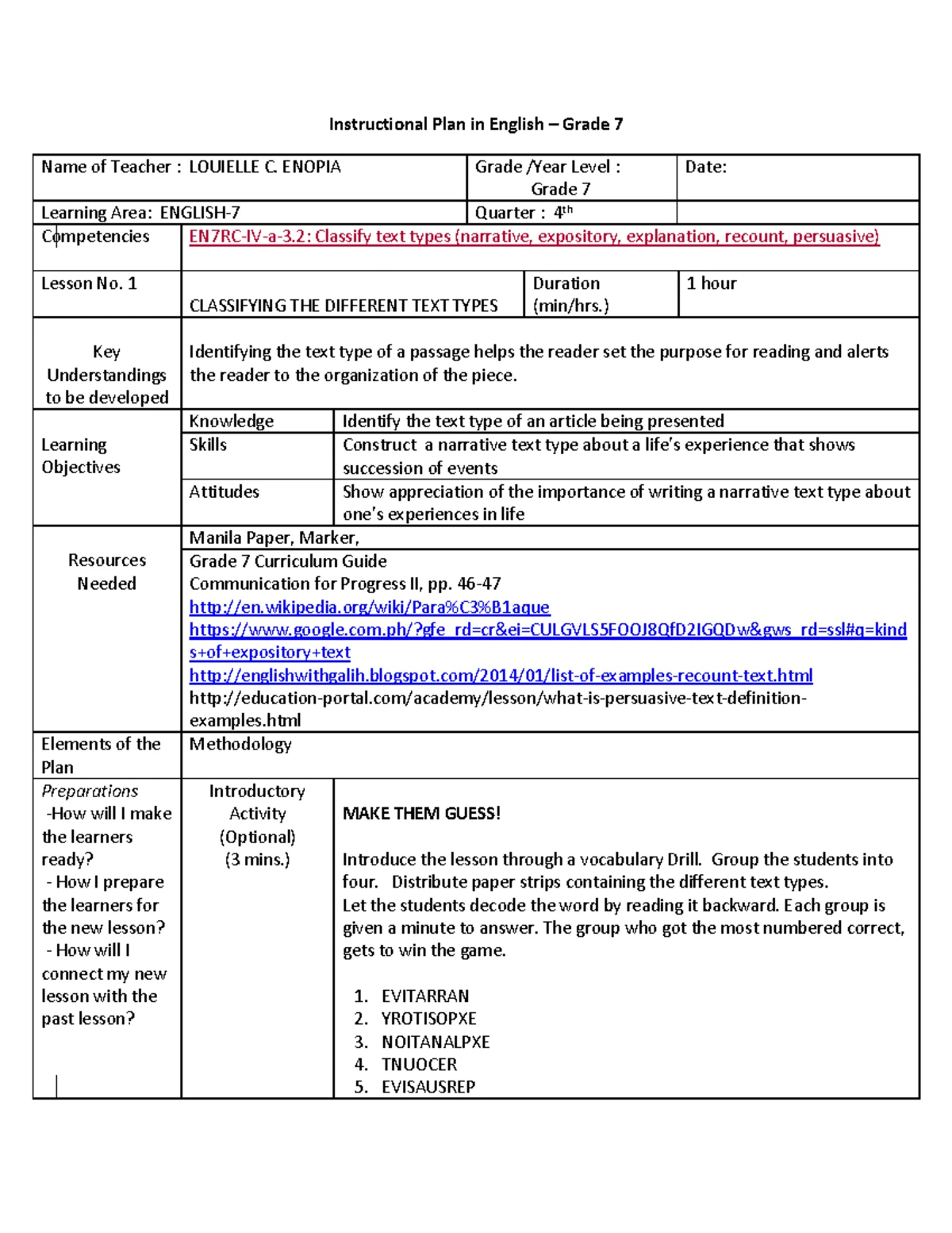 SEMI-Detailed Lesson Plan on Literal and Figurative Language for TTL2 ...