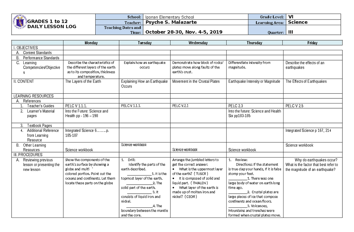 437343842 Grade 6 DLL Science 6 Q3 Week 1 docx - GRADES 1 to 12 DAILY ...