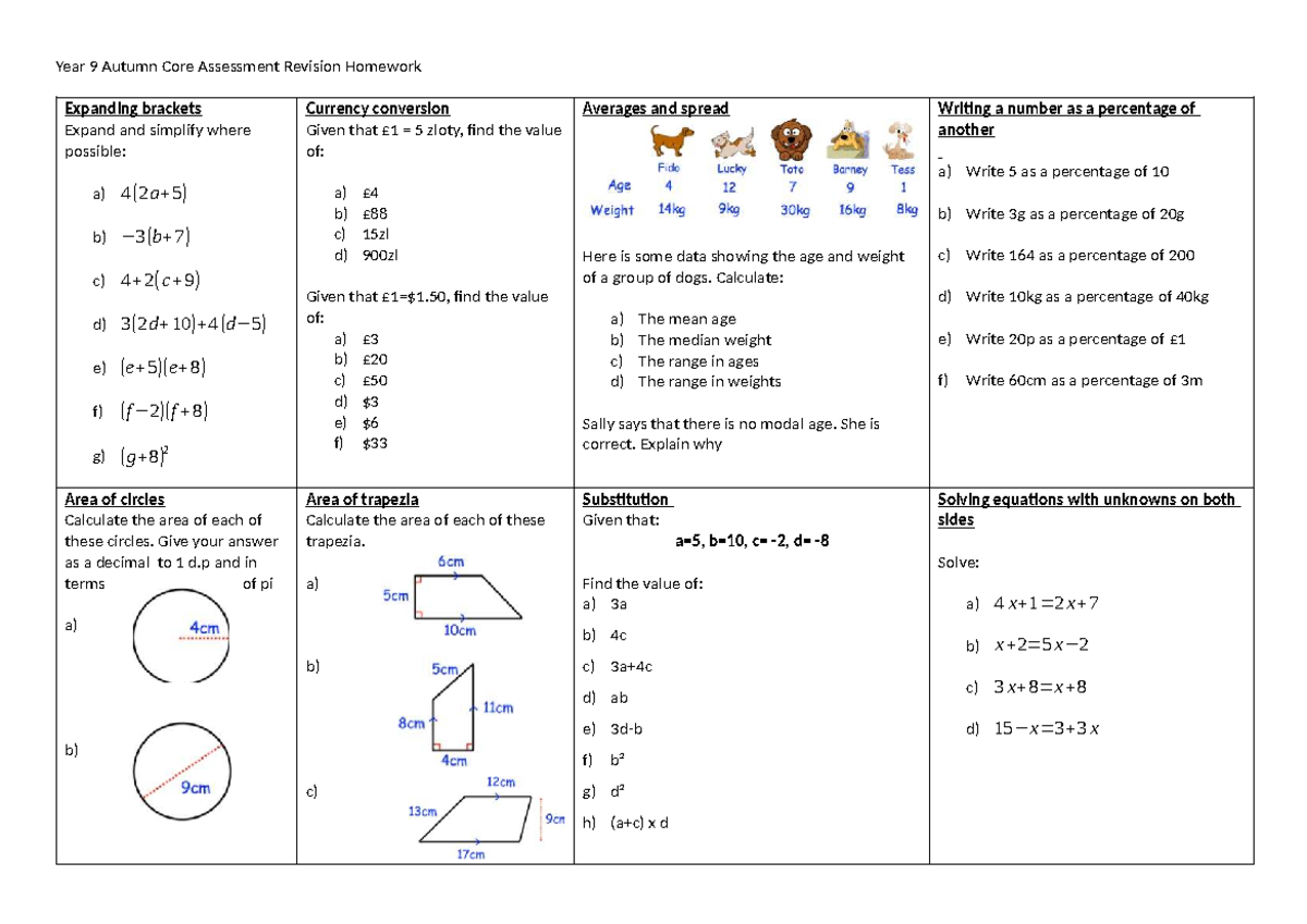 Year 9 - Y9 Autumn Core Assessment Revision Homework - Studocu
