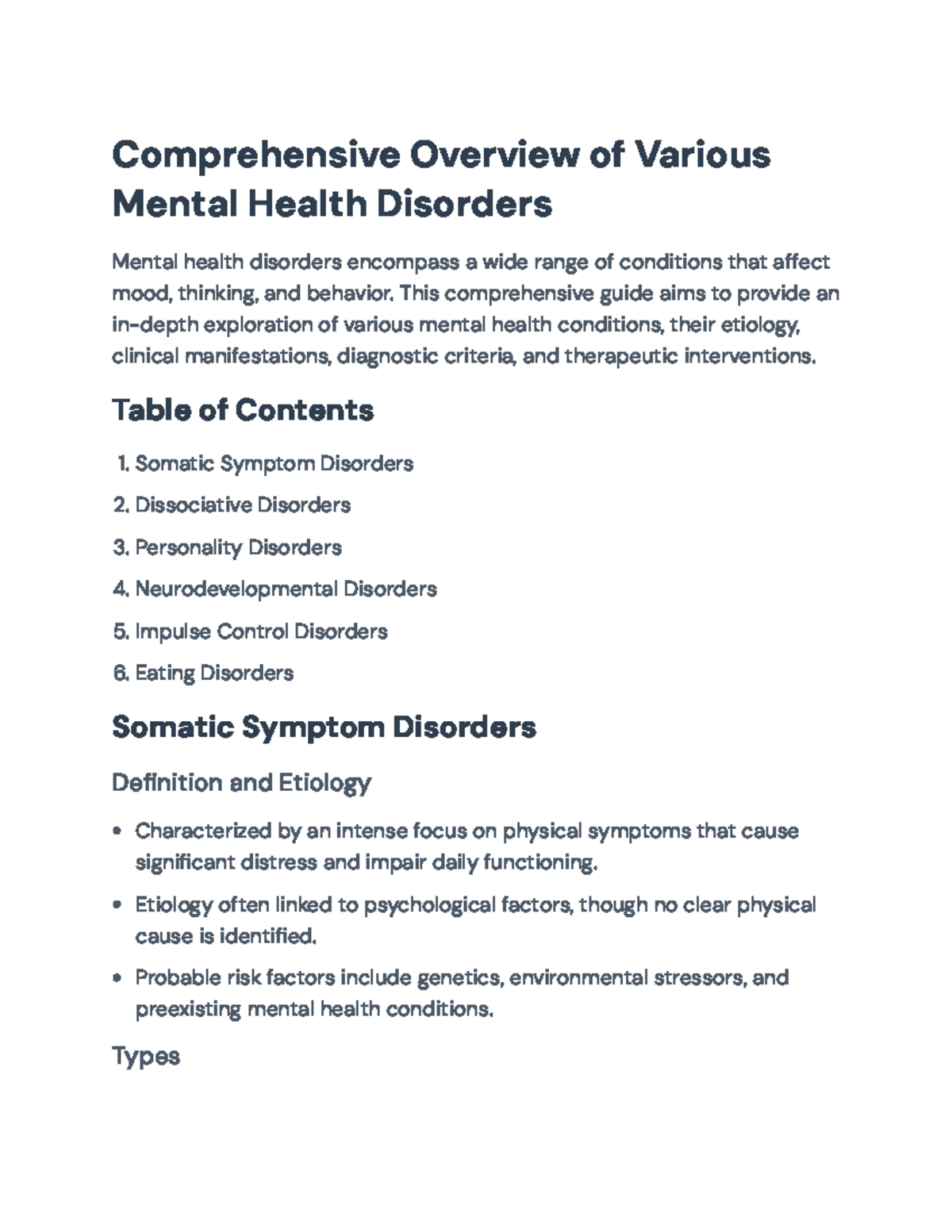 Comprehensive Overview of Mental Health Disorders: Diagnosis and ...