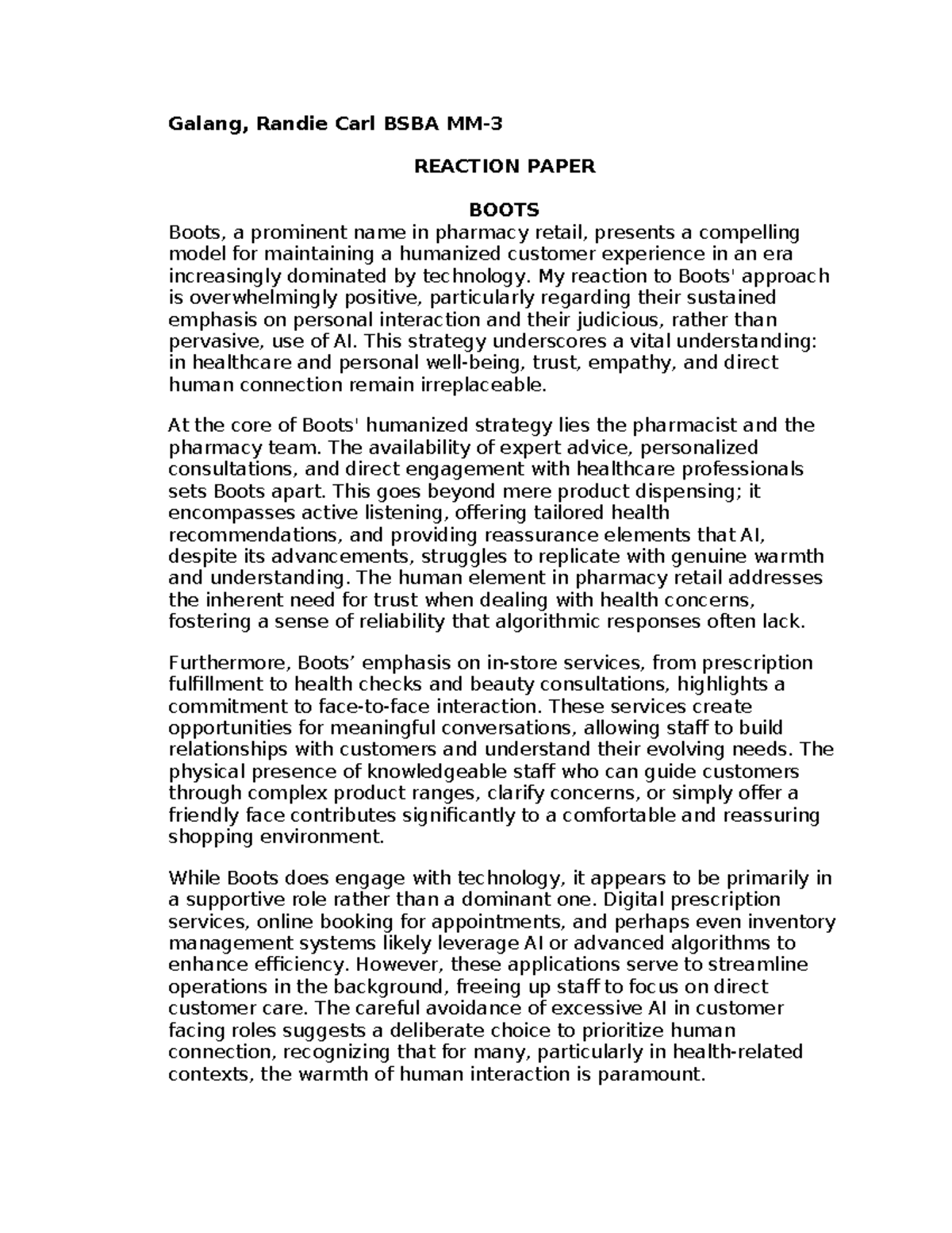 BSBA REACTION PAPER: Humanized Customer Experience in Pharmacy Retail ...