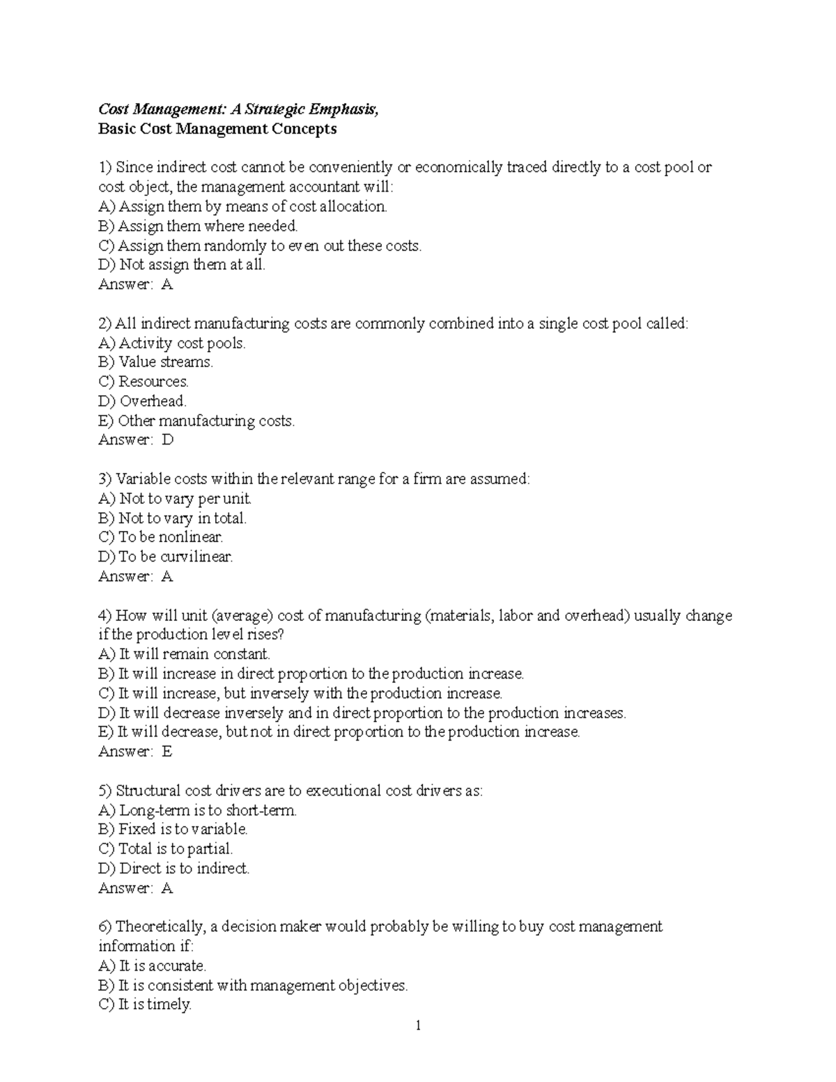 Test Bank 1B - Fundamental Concepts in Cost Management - Studocu