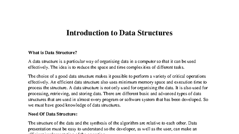 Introduction to Data Structures: Key Concepts and Types - Studocu