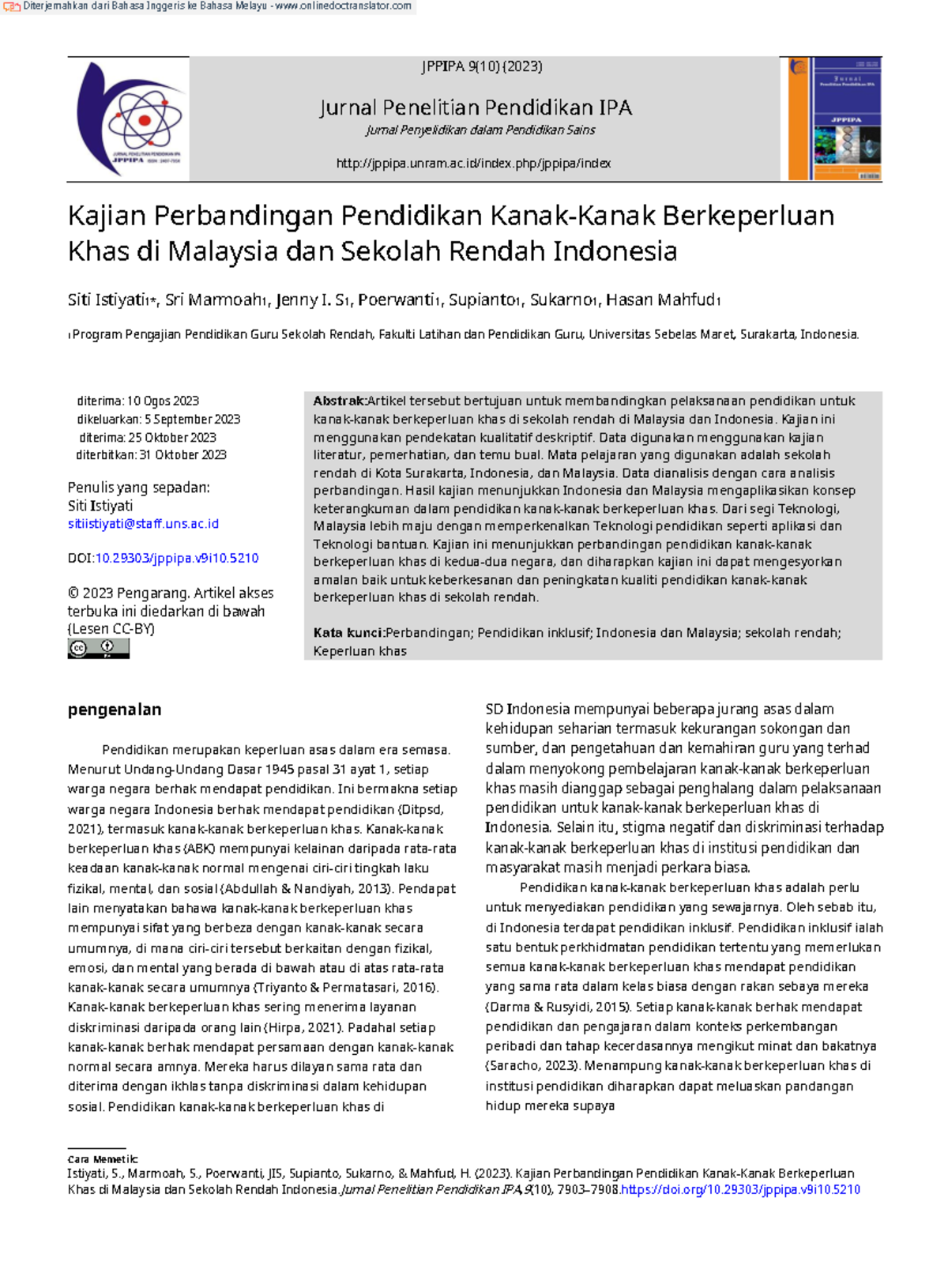 Kajian Perbandingan Pendidikan Kanak-Kanak Berkeperluan Khas di Malaysia dan Indonesia - JPPIPA 9(10) - Document Preview