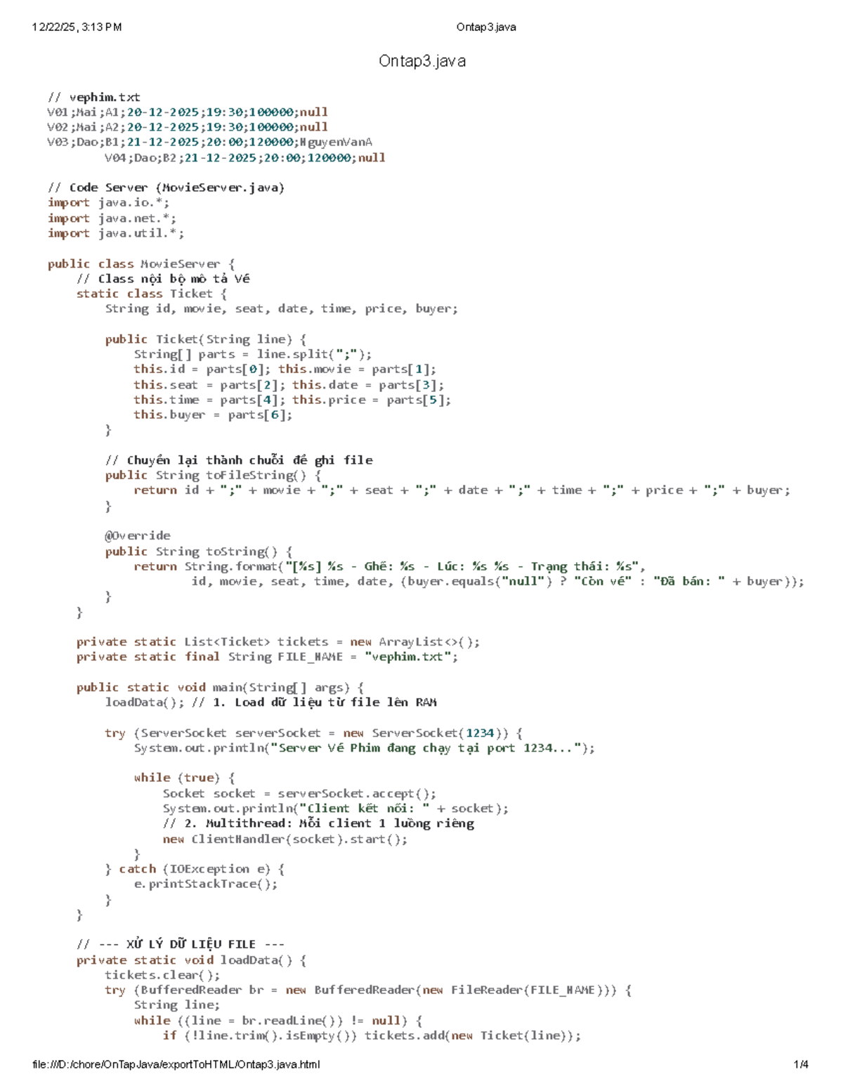 Ontap3.java - Movie Ticket Server Code (CS101) - Studocu