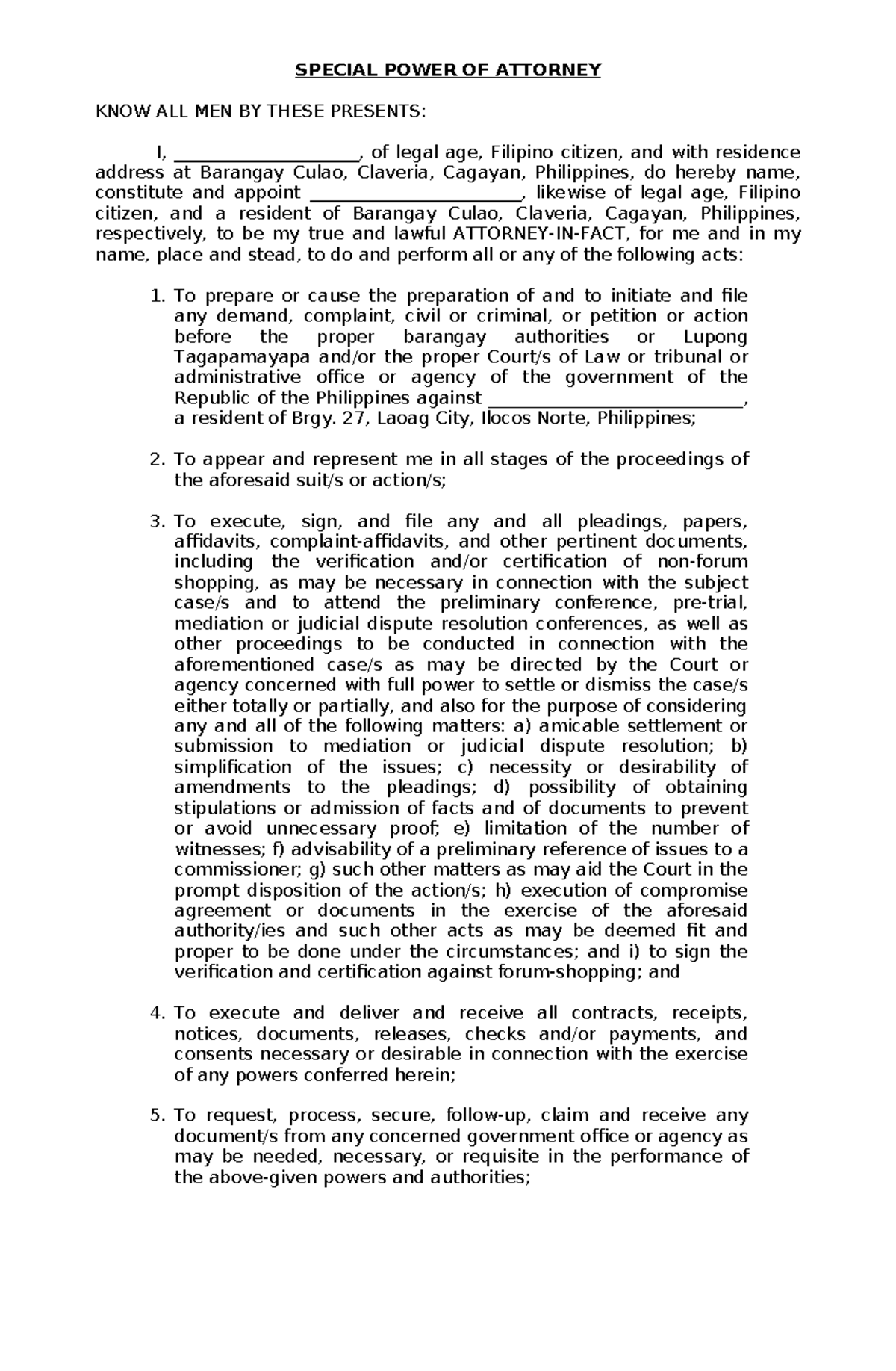 Special Power of Attorney Document Template (SPA) - Studocu