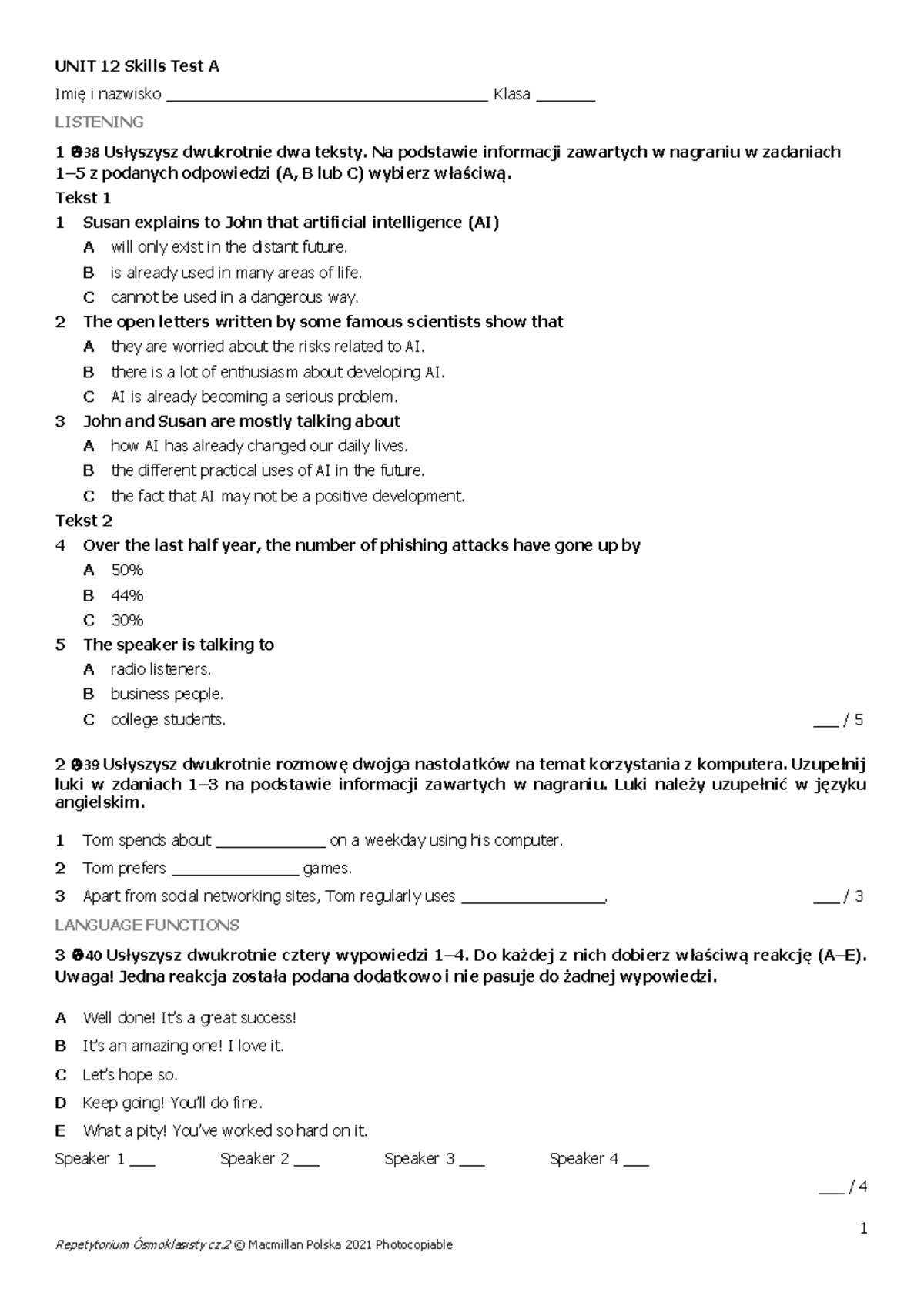 Unit 12 Skills Test A: Listening Comprehension and Language Functions ...