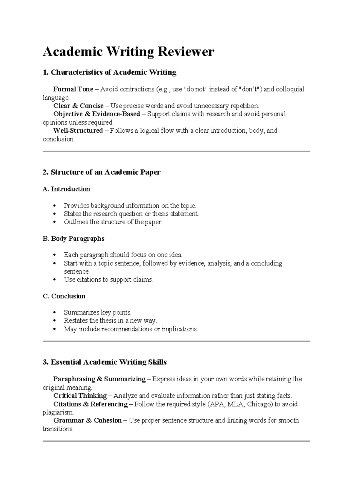 Academic Writing Notes - Academic Writing Reviewer 1. Characteristics ...