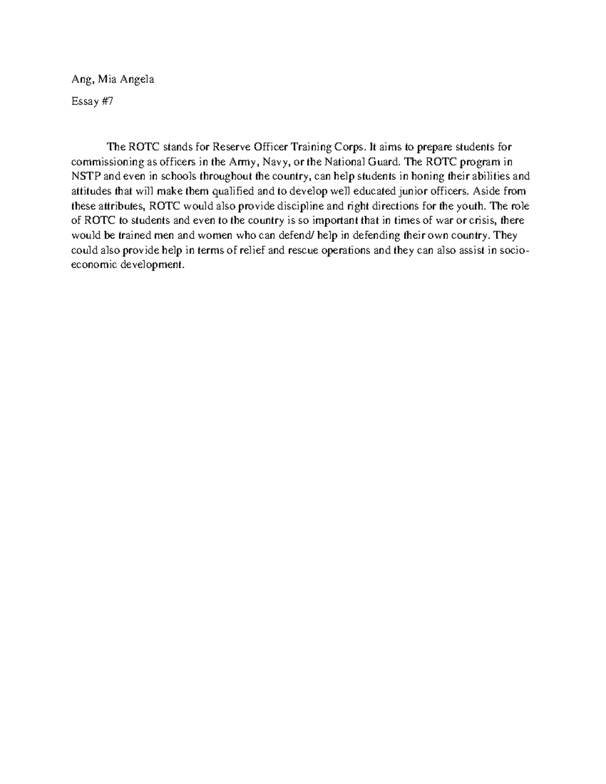 Essay 7 Ang - for requirements - Ang, Mia Angela Essay # The ROTC ...