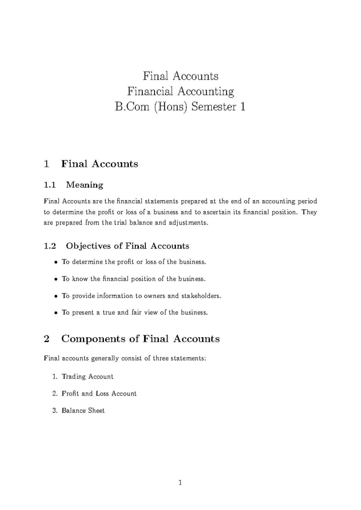 Final Accounts Overview - Financial Accounting B.Com (Hons) Sem 1 - Studocu