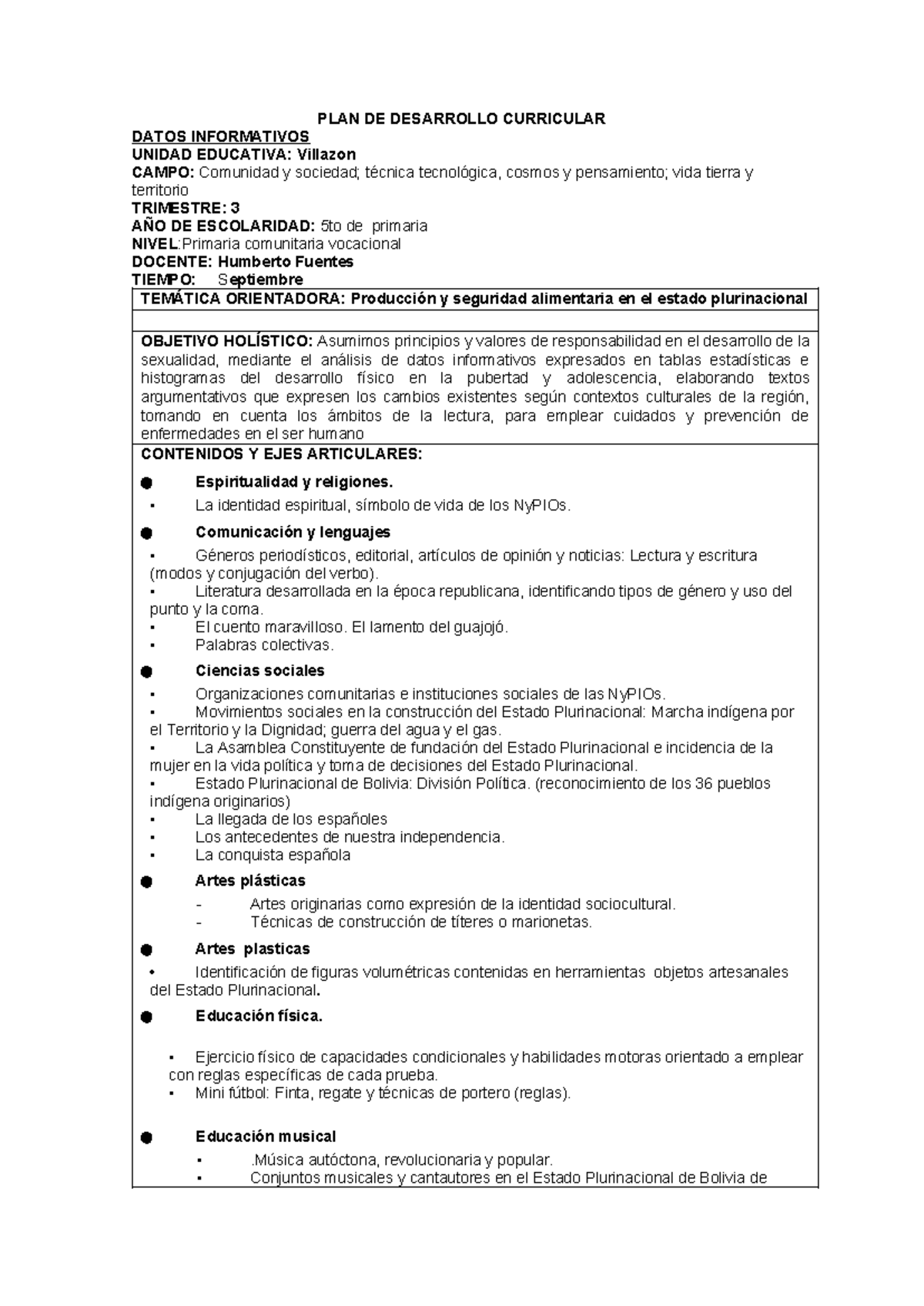 PLAN DE DESARROLLO CURRICULAR 5TO GRADO - UNIDAD EDUCATIVA VILLAZON ...