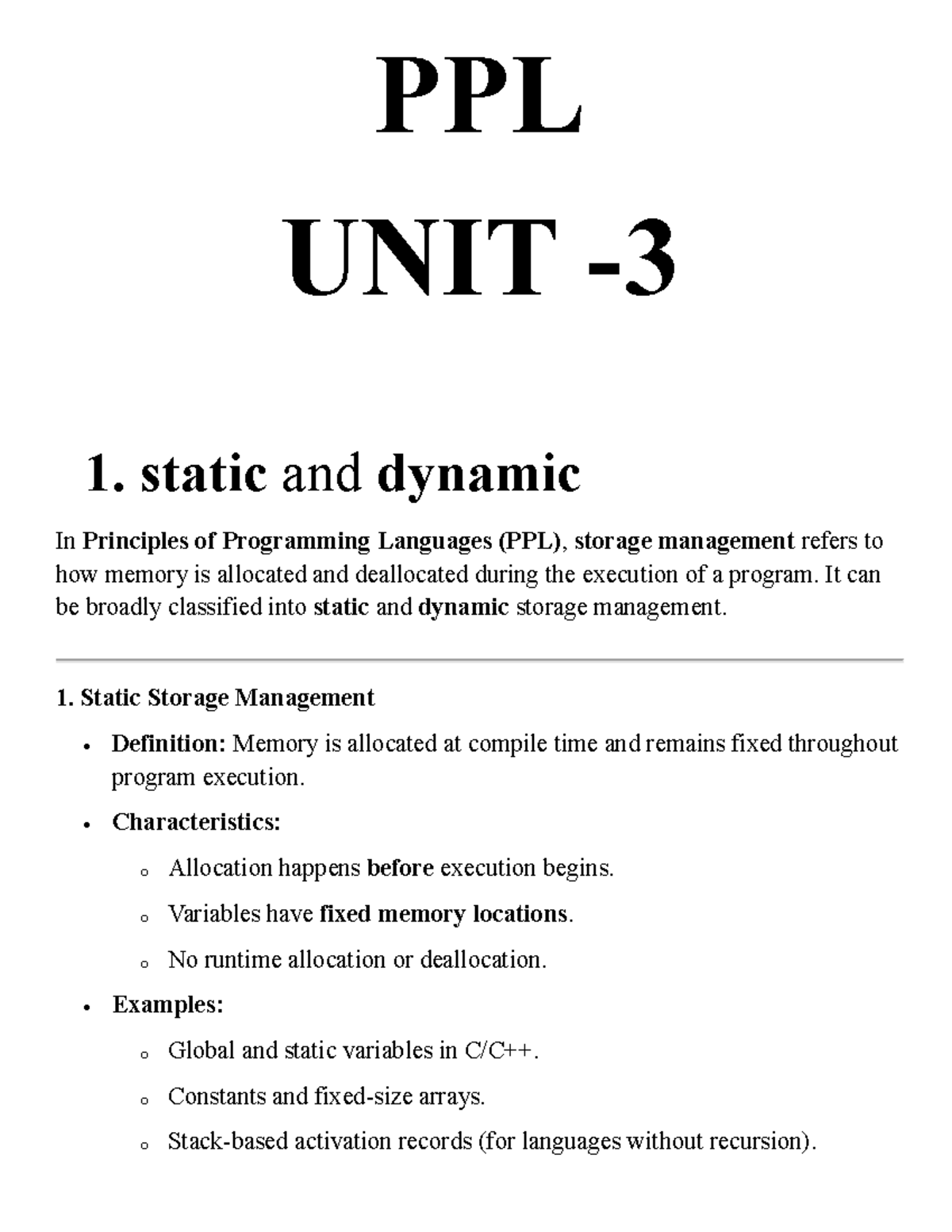Unit 3 PPL: Detailed Class Notes on Storage Management and Sequencing ...