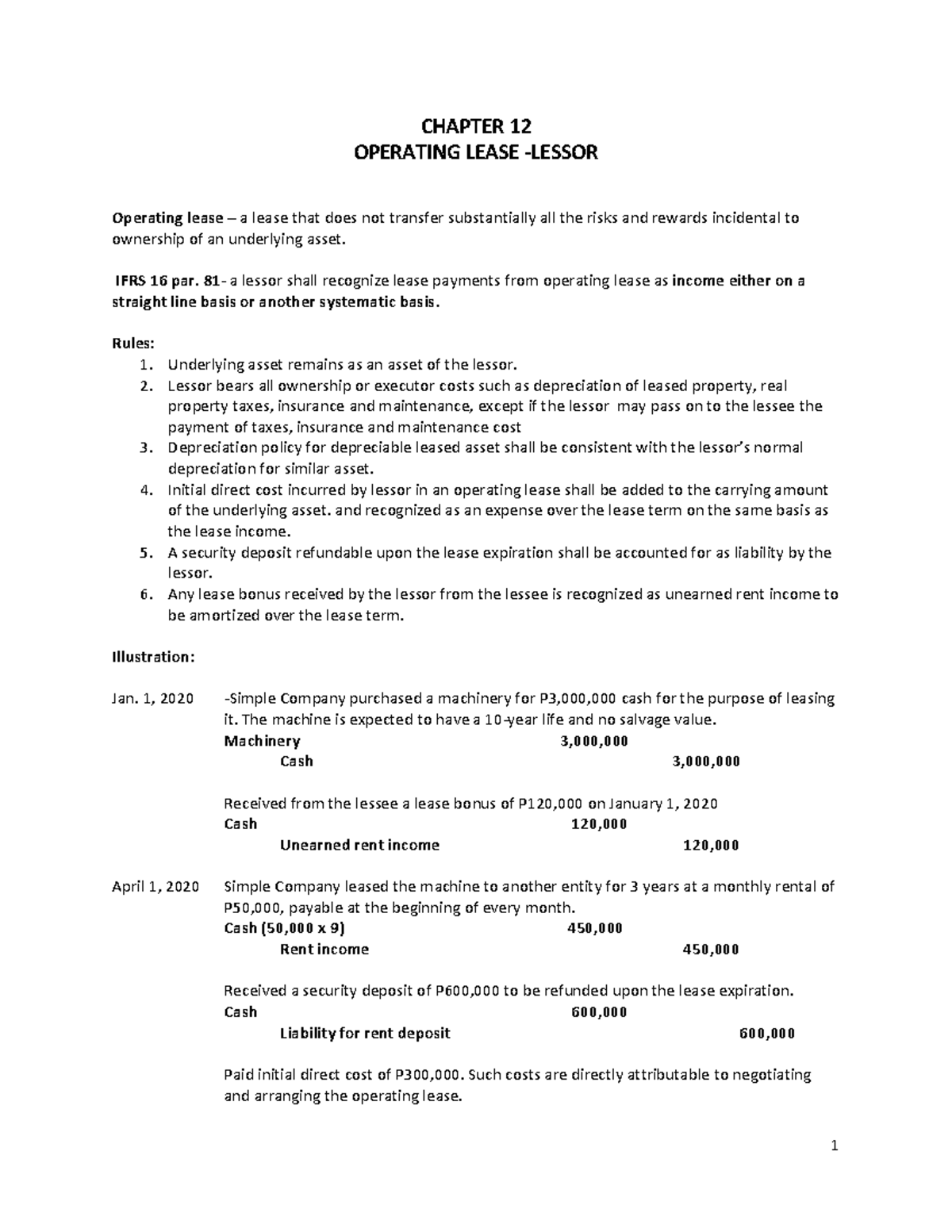Ch - Notes - 1 CHAPTER 12 OPERATING LEASE -LESSOR Operating lease – a ...