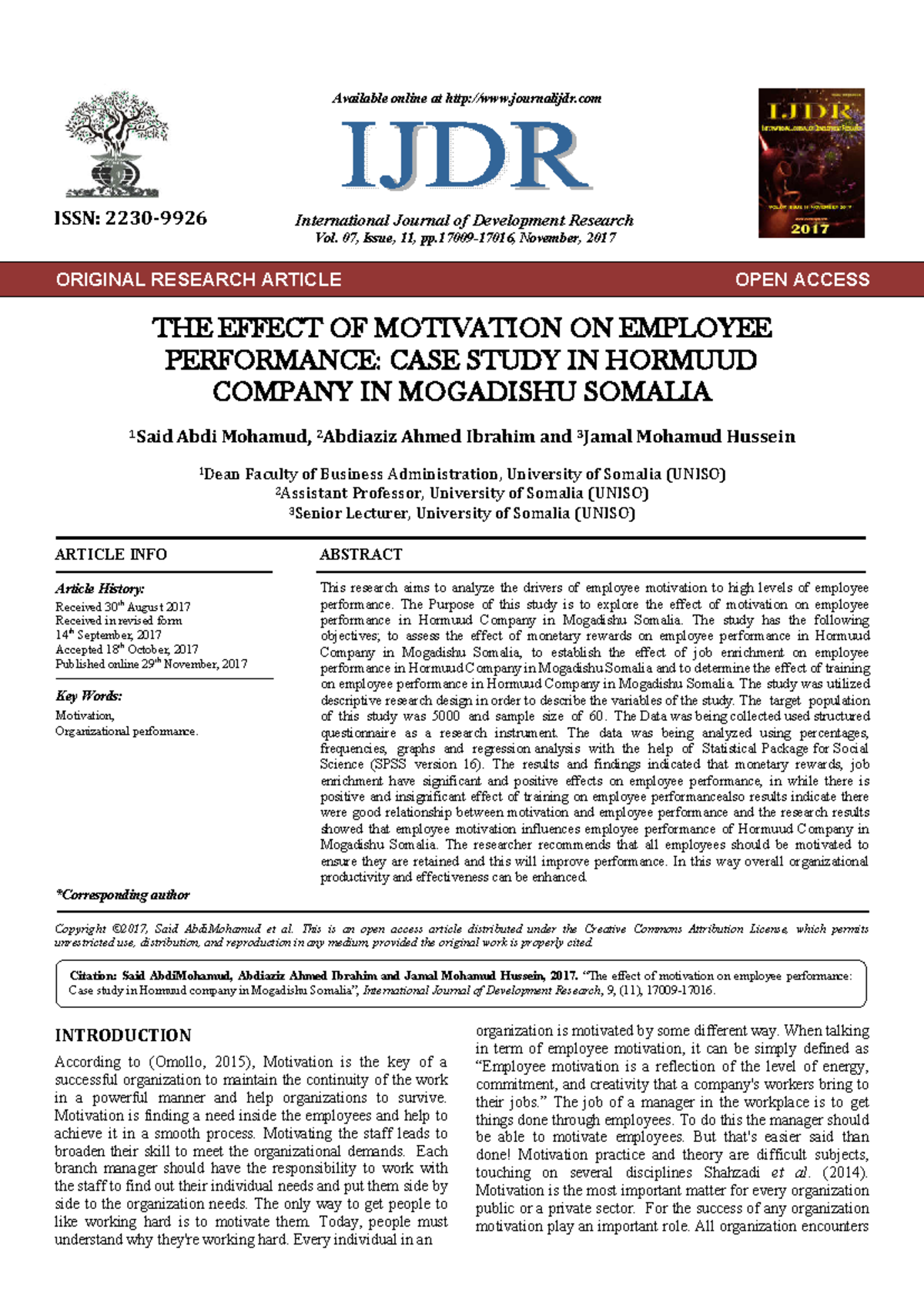 The Effect of Motivation on Employee Performance: Case Study of Hormuud ...