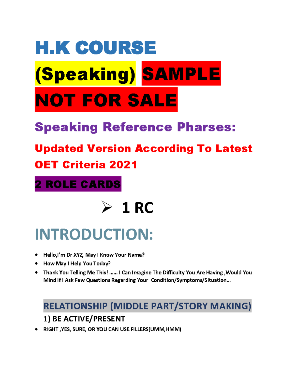 Greeting 2 - H COURSE (Speaking) SAMPLE NOT FOR SALE Speaking Reference ...