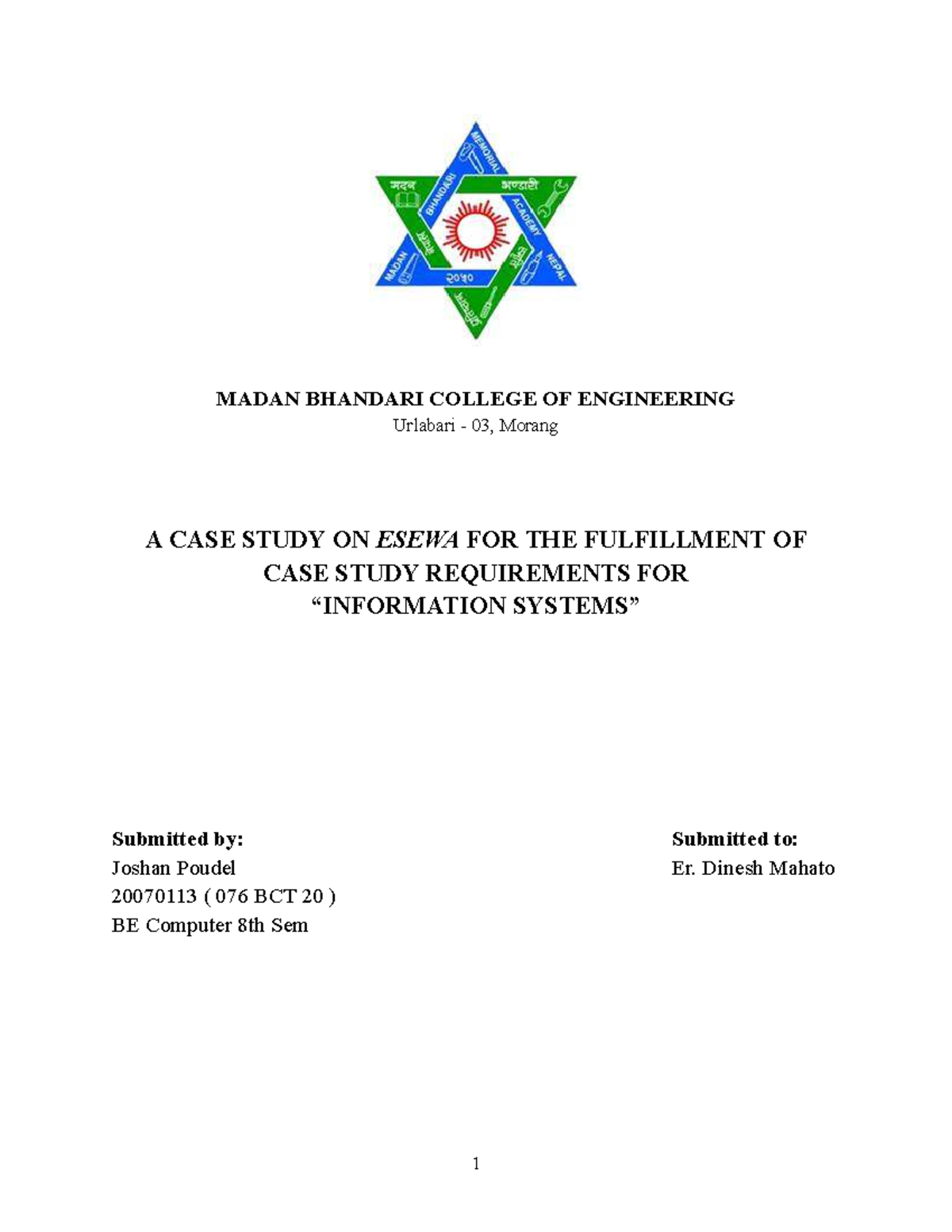 Case Study on eSewa: Digital Payment Gateway Analysis (076 BCT 20 ...