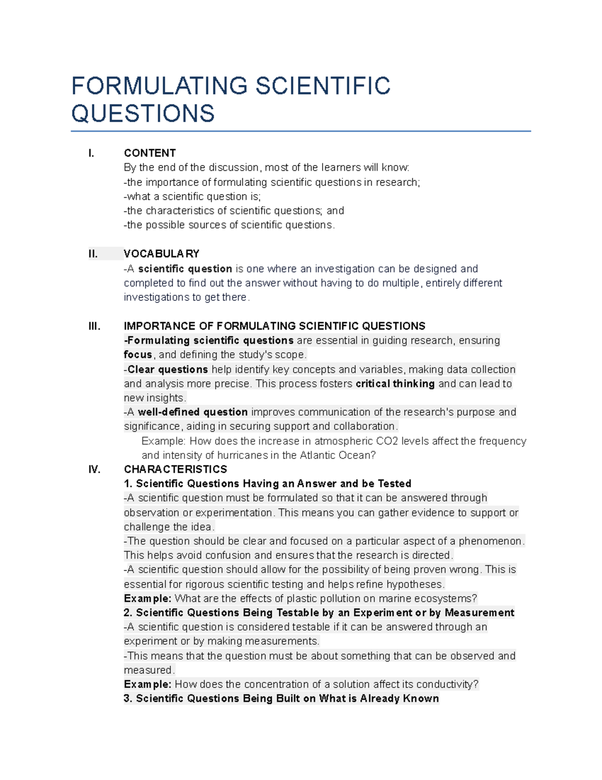 Formulating Scientific Questions: Key Ideas and Characteristics - Studocu