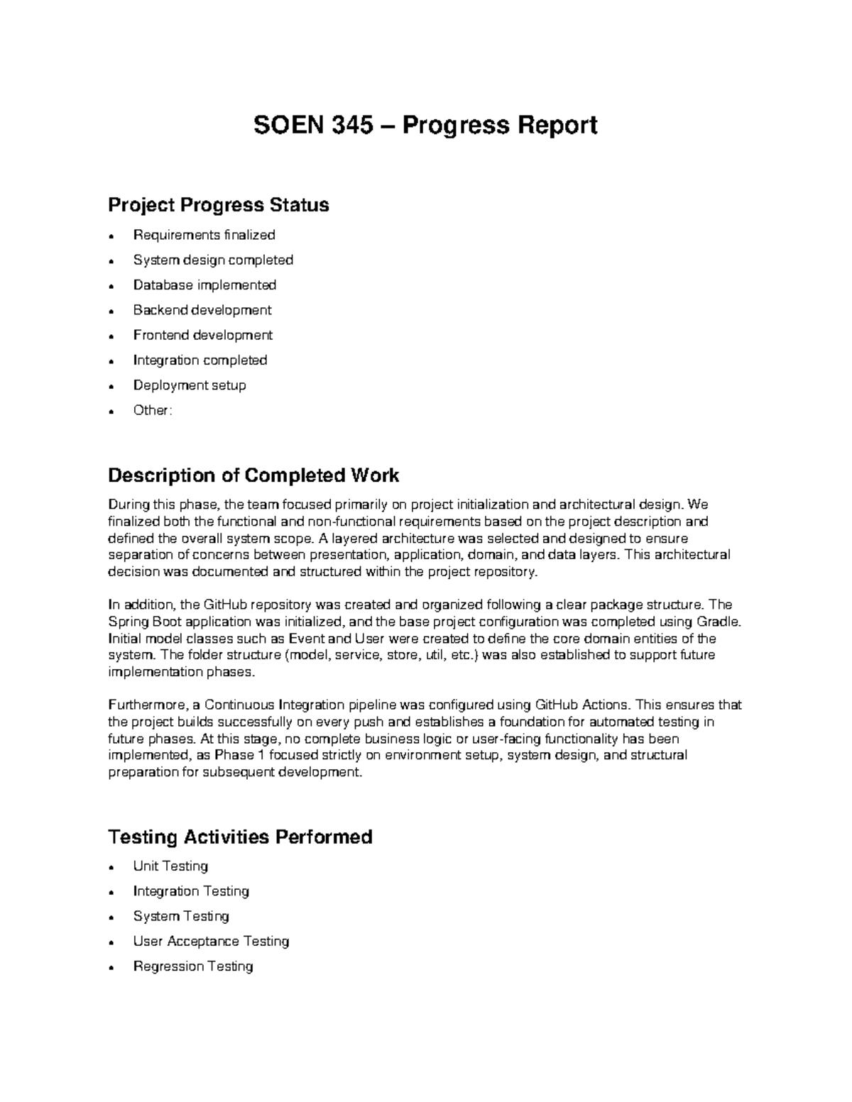 SOEN 345 Progress Report: Project Status and Next Steps - Studocu