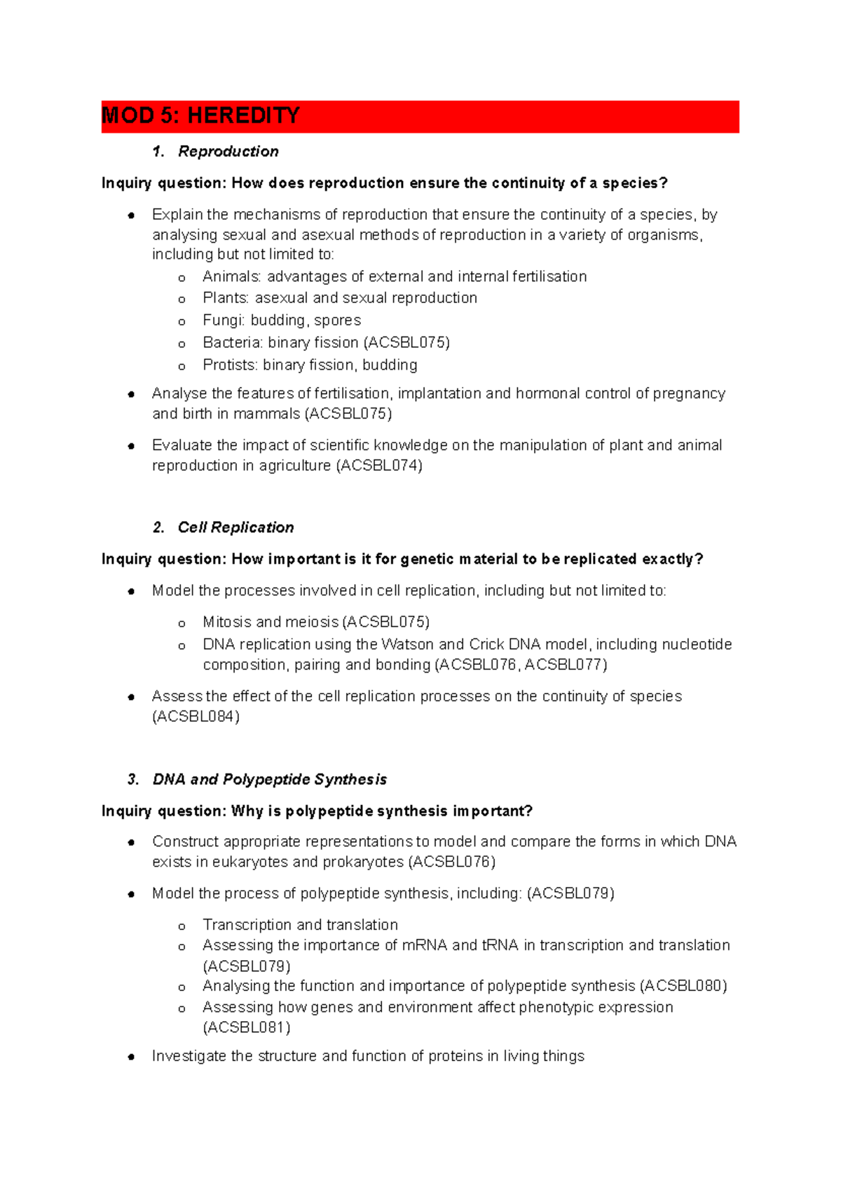 MOD 5: HEREDITY & CELL REPLICATION Summary (ACSBL075, ACSBL076 ...