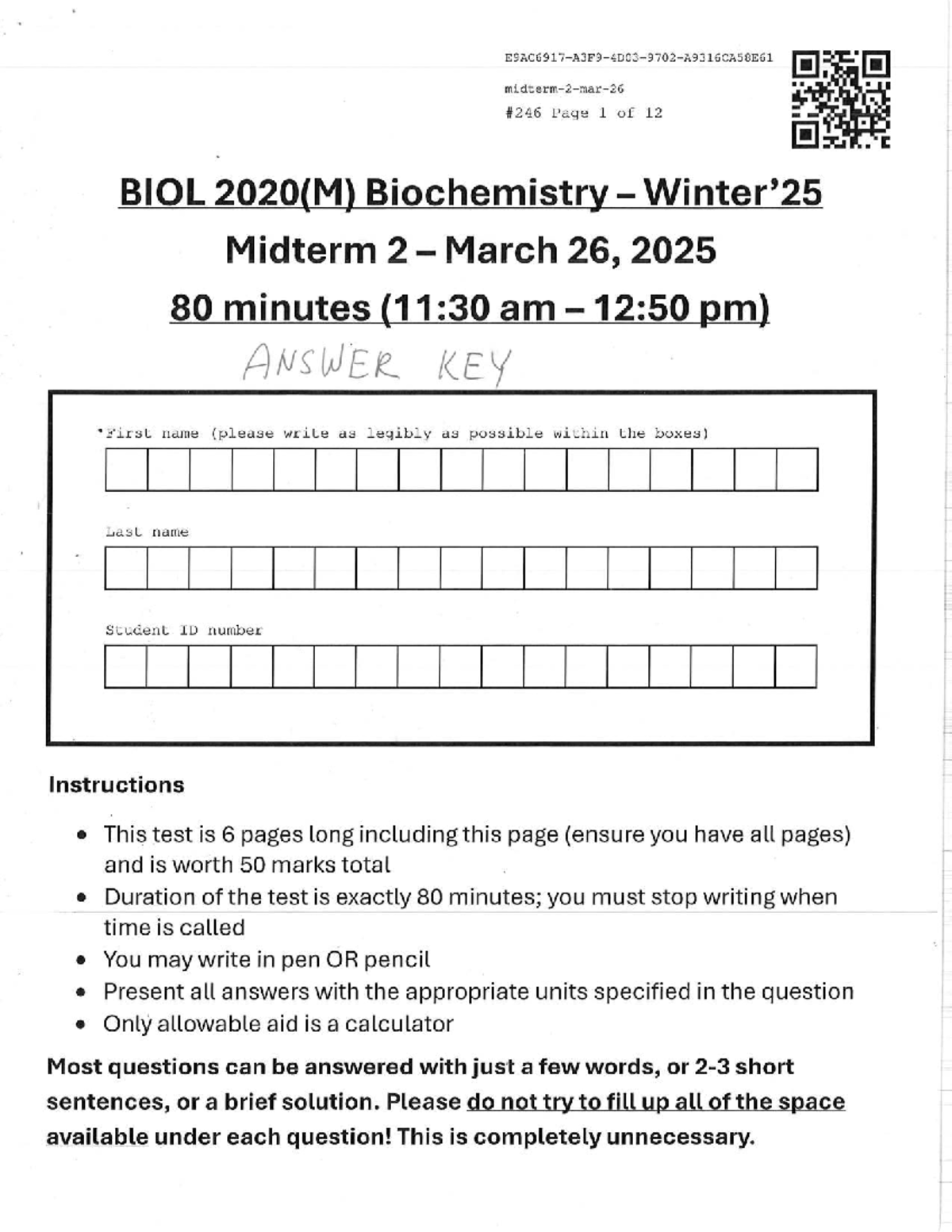 BIOL 2020(M) Biochemistry Midterm 2 Answer Key - March 2025 - Studocu