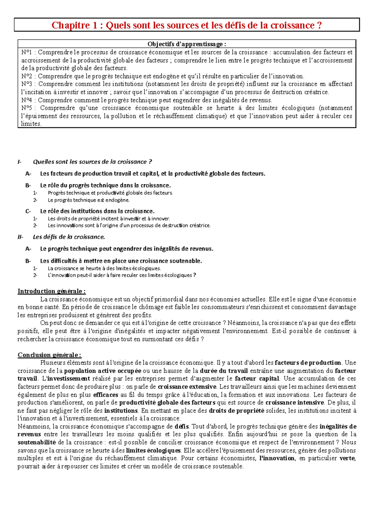 Chapitre 1 - Sources et Défis de la Croissance Économique - Studocu