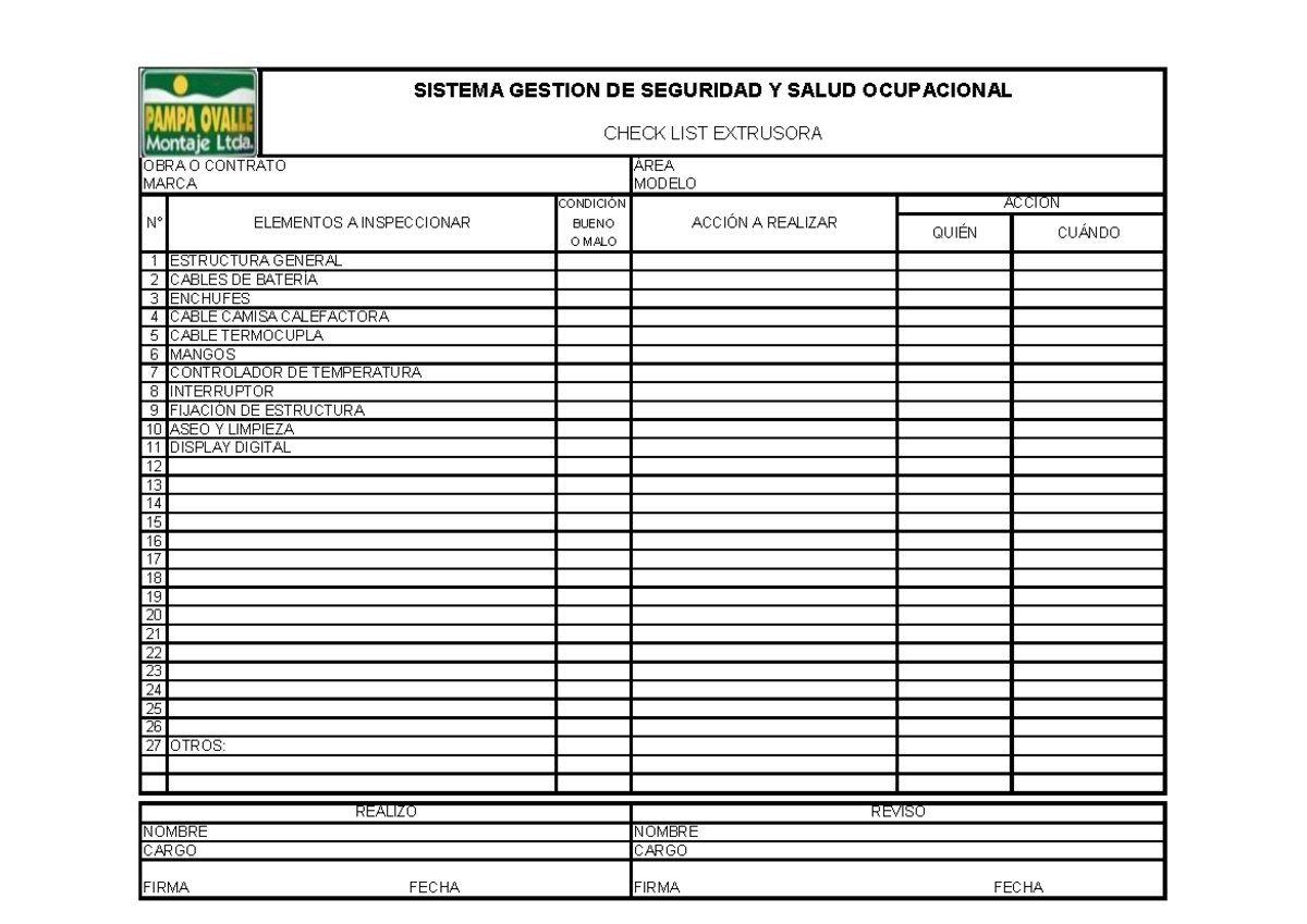 Check List Extrusora - 1 2 3 4 5 6 7 8 9 10 ASEO Y LIMPIEZA 11 DISPLAY ...