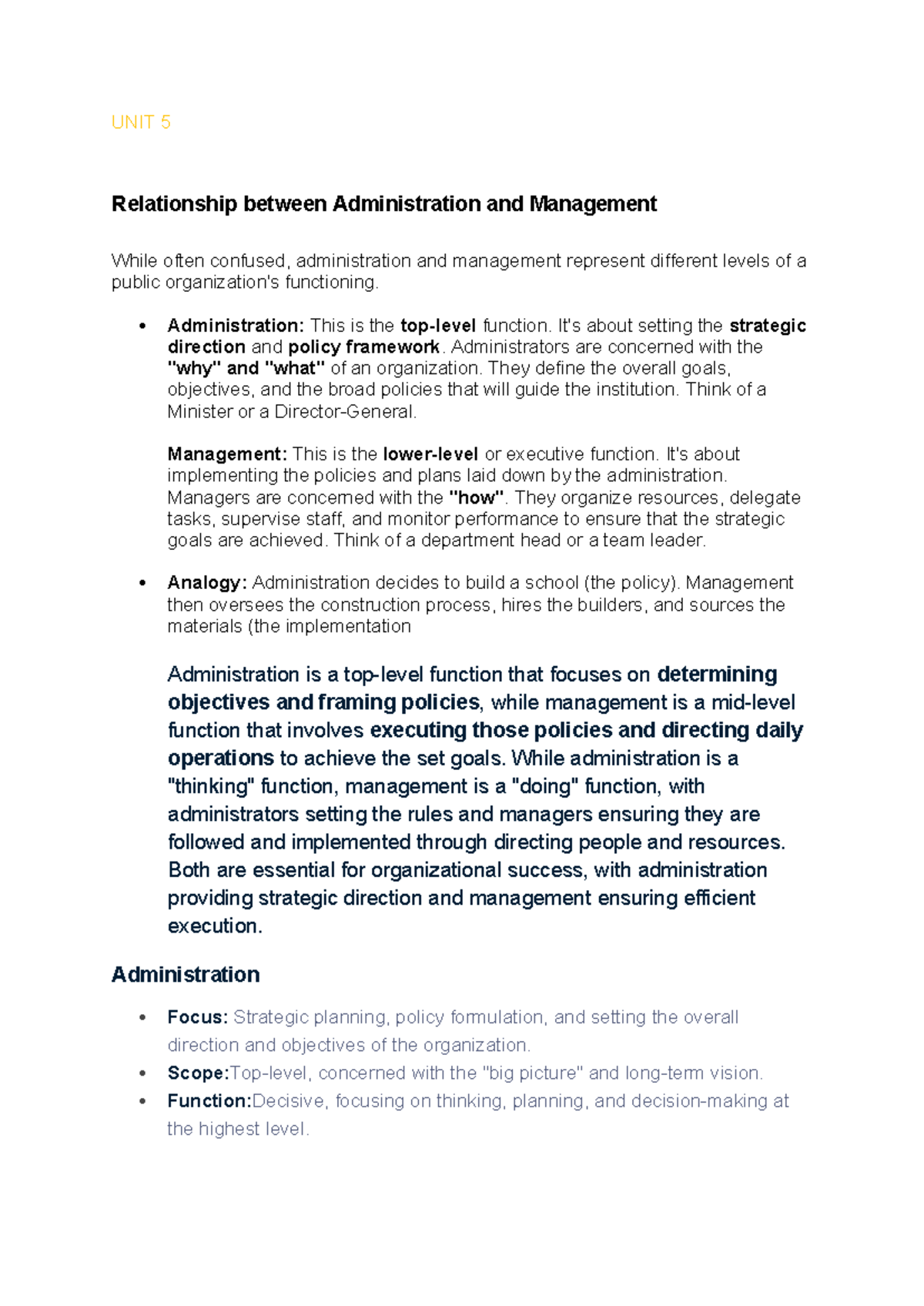 UNIT 5: Admin vs. Management - Key Concepts and Functions - Studocu
