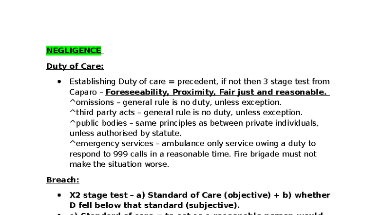 Tort Law (LAW101): Condensed Notes on Negligence and Duty of Care - Studocu