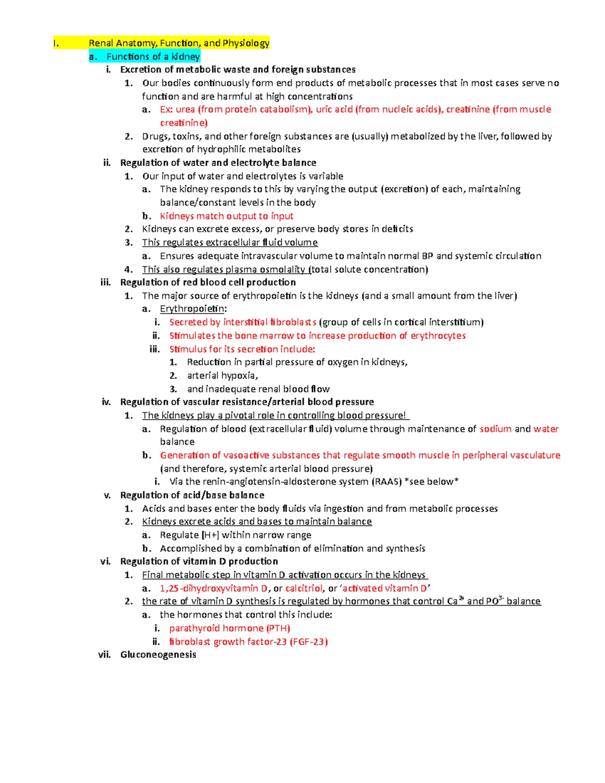 Renal Study Guide - I. Renal Anatomy, Function, and Physiology a ...