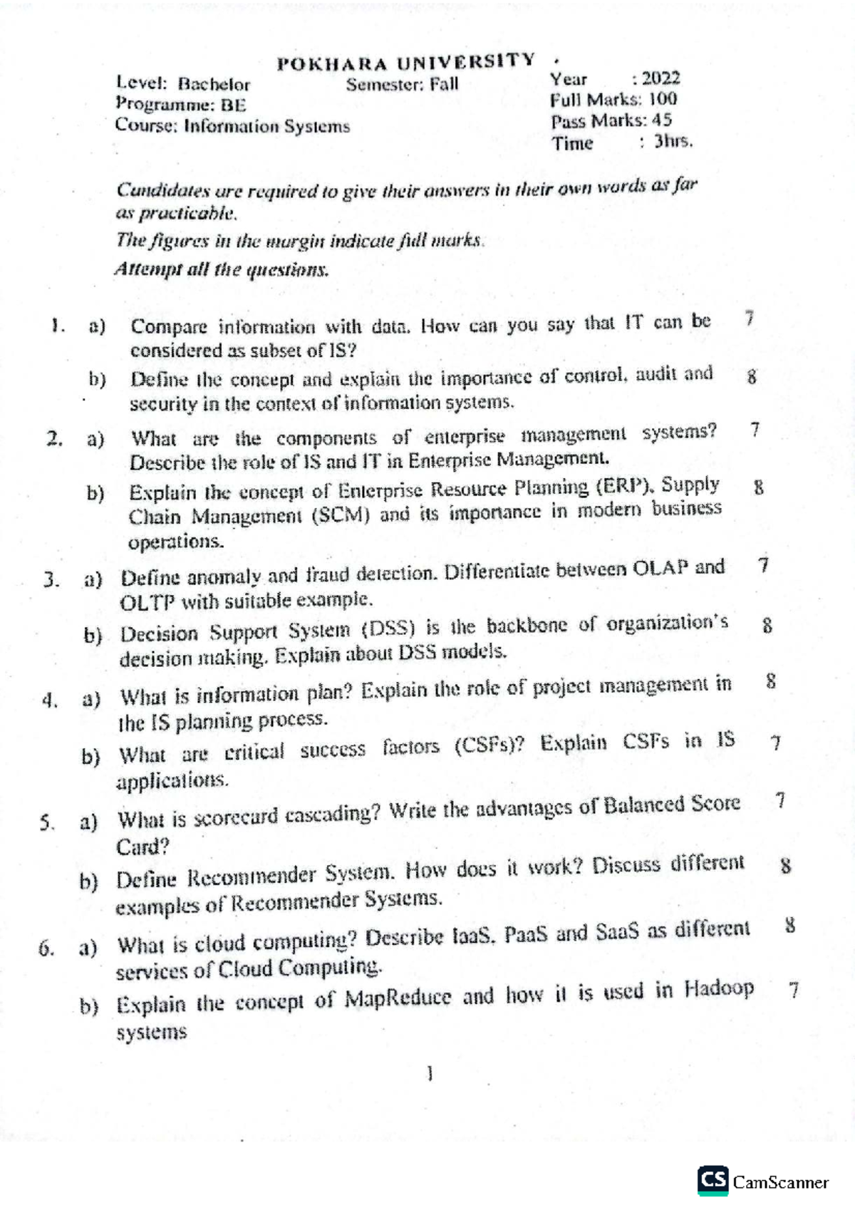 POKHARA UNIVERSITY BE Information Systems Final Exam Questions - Fall ...
