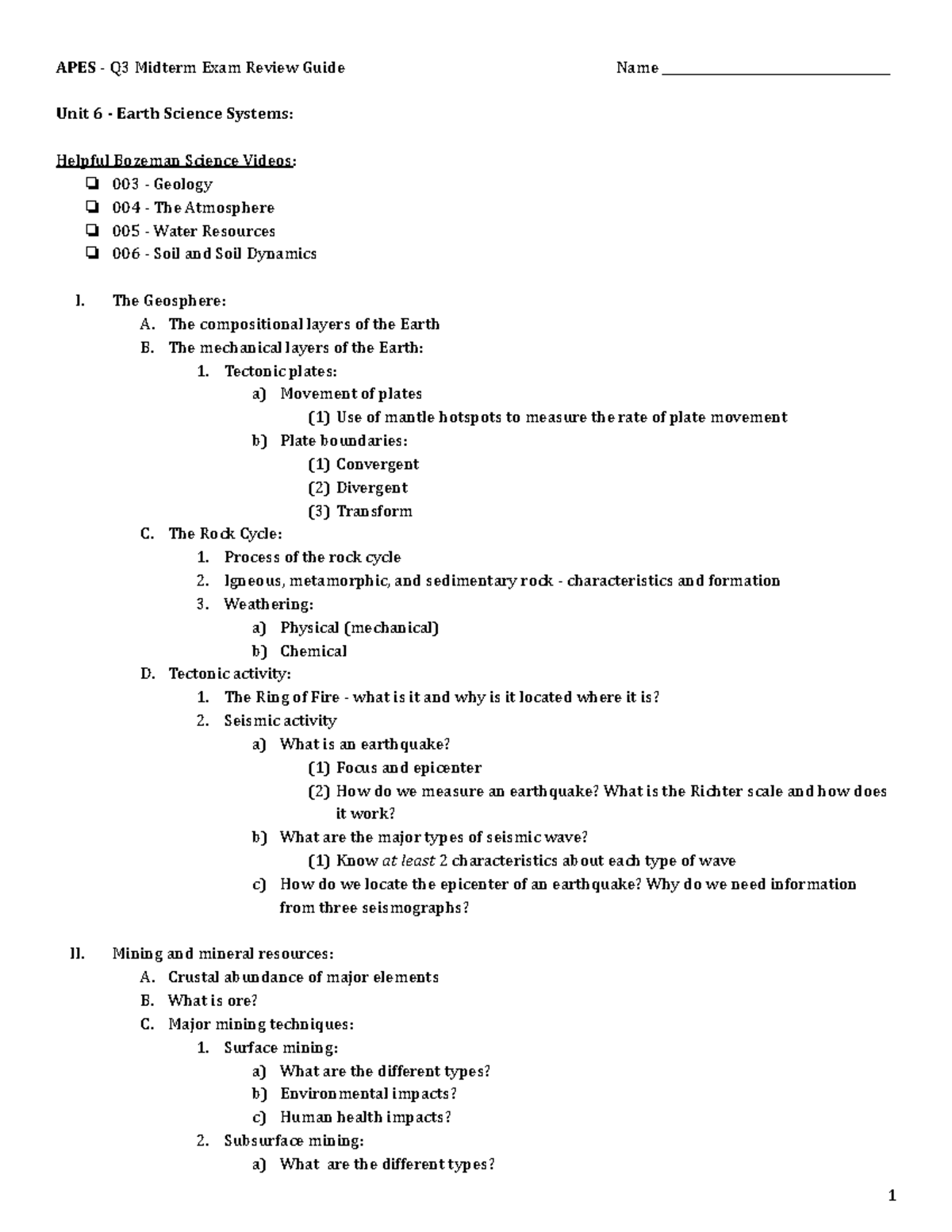 APES Q3 Midterm Exam Review Guide - Earth Science Systems & Agriculture ...